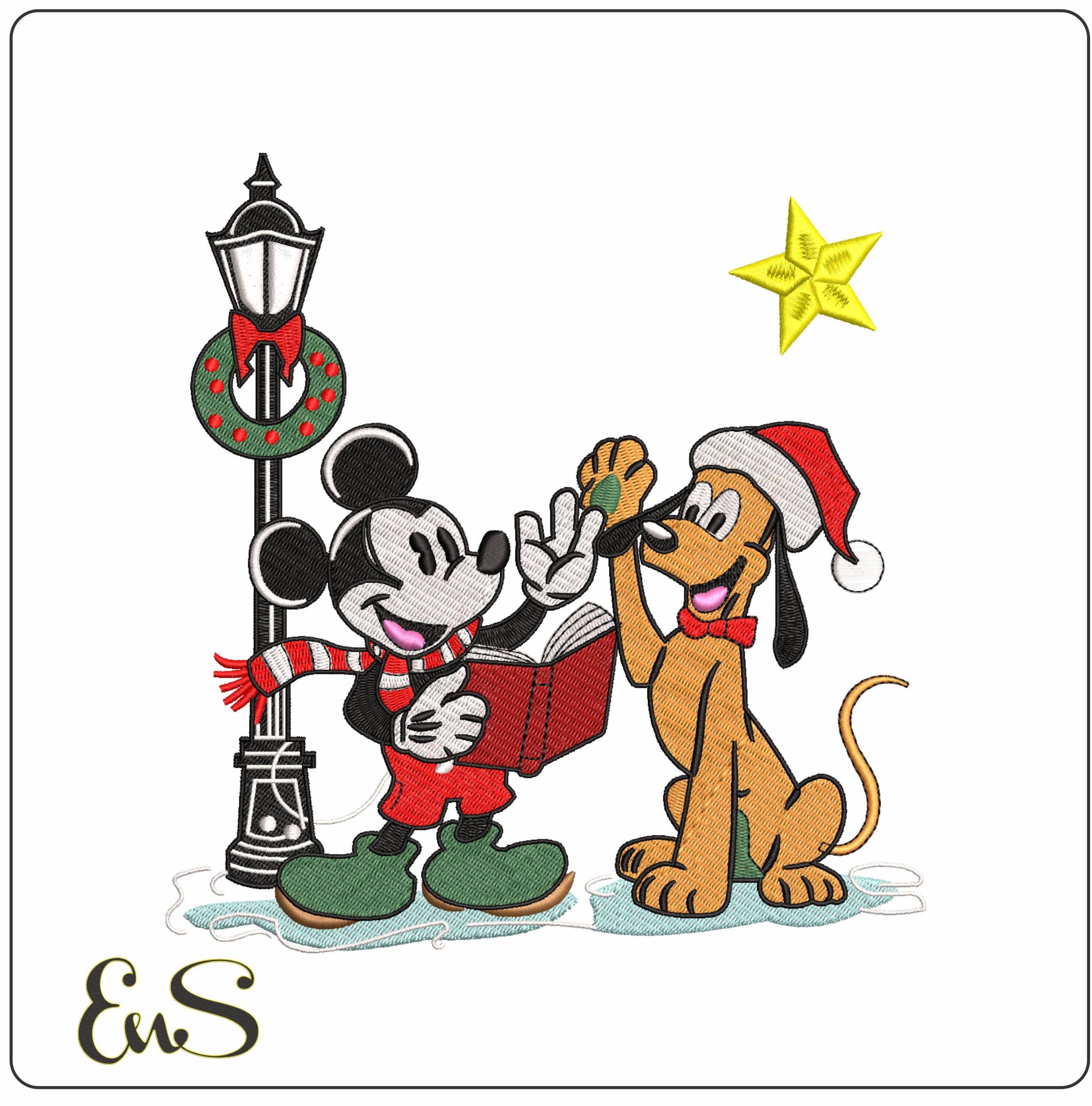 Mickey Mouse and Pluto Carol Singing Light and Star- Elegant embroidery design file - instant download