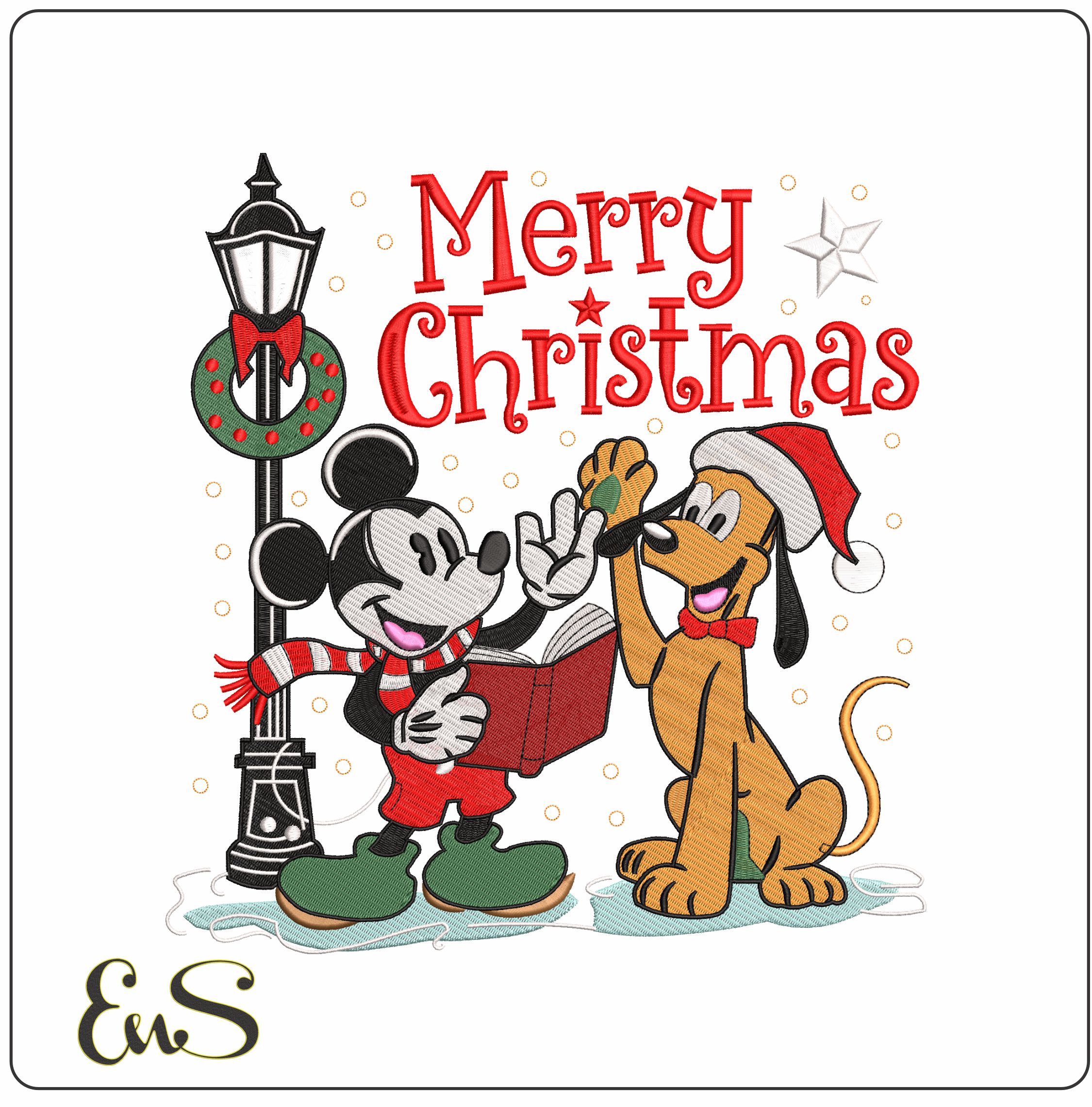 Mickey Mouse and Pluto Merry Christmas- Elegant embroidery design file - instant download