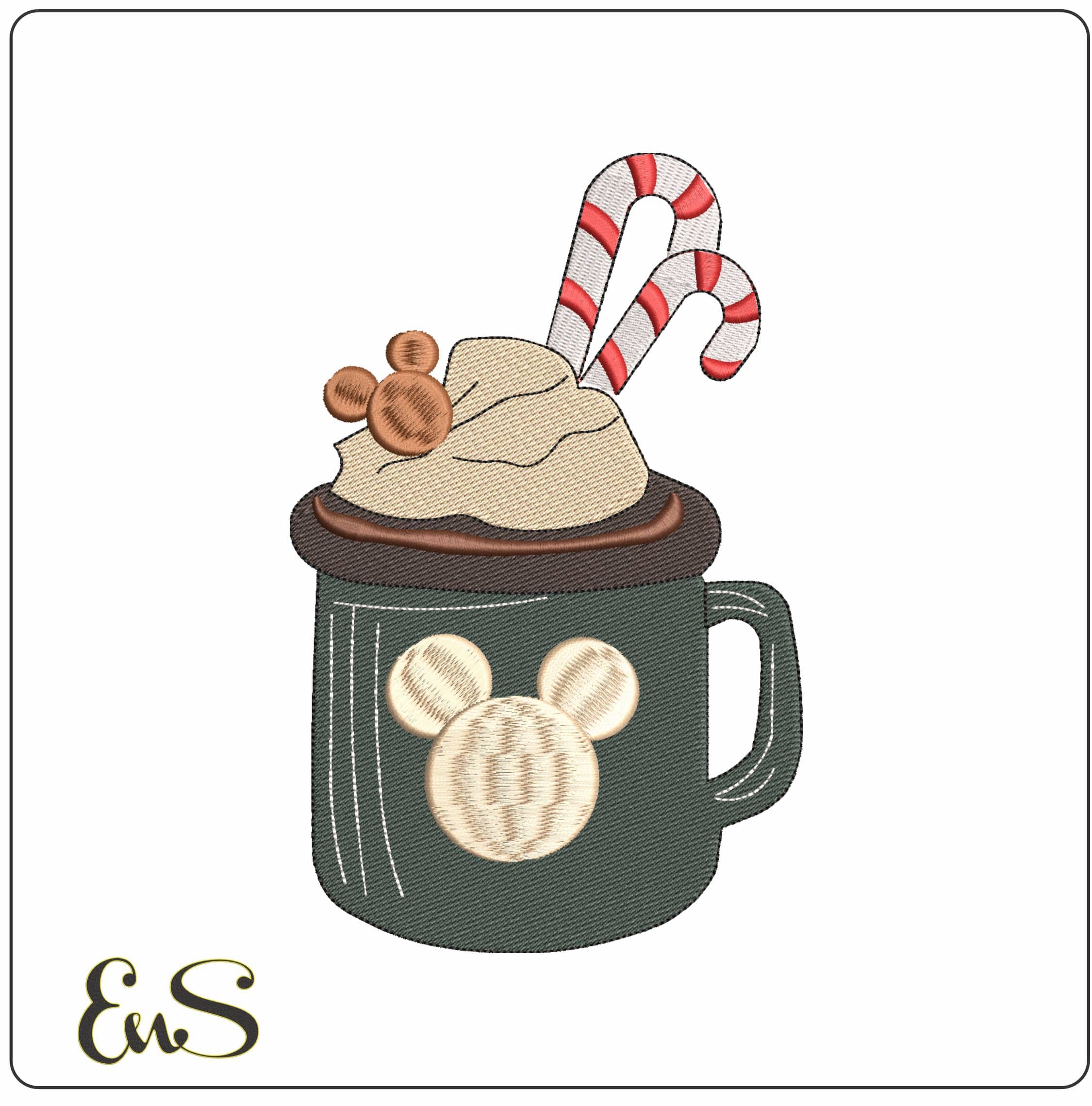 Mickey Mouse Hot Chocolate with Candy Canes- Elegant embroidery design file - instant download