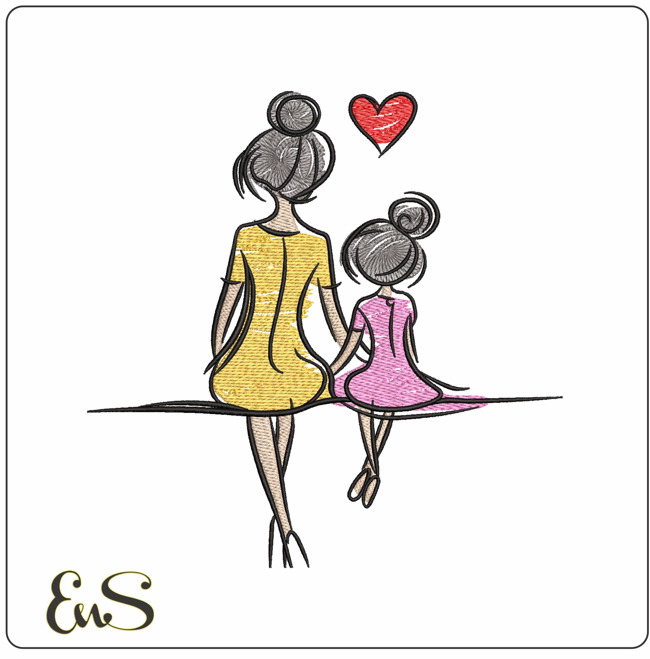 Mother and Daugther sitting Love- Elegant embroidery design file - instant download