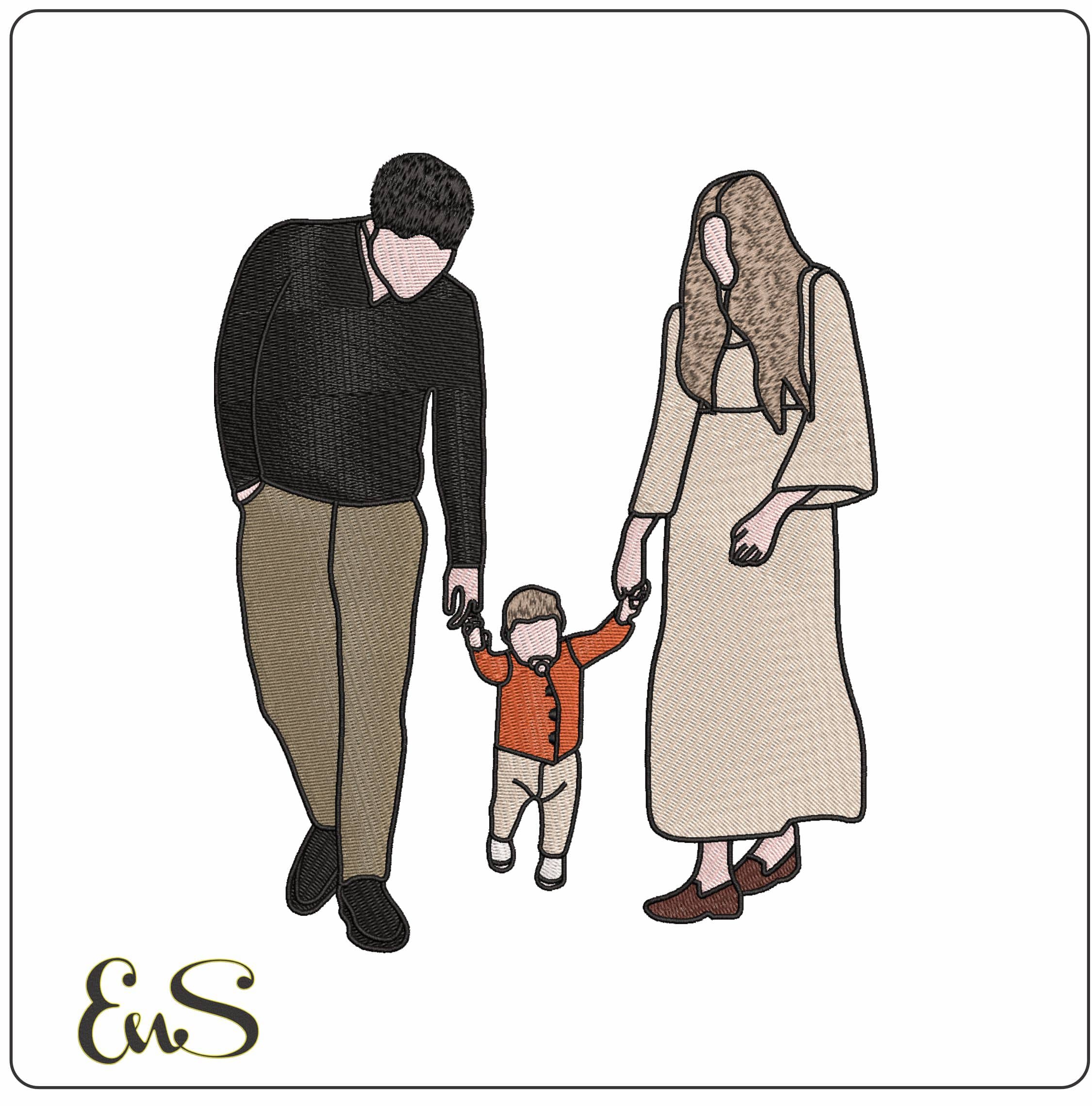 Mum Dad and Baby line holding hans- Elegant embroidery design file - instant download