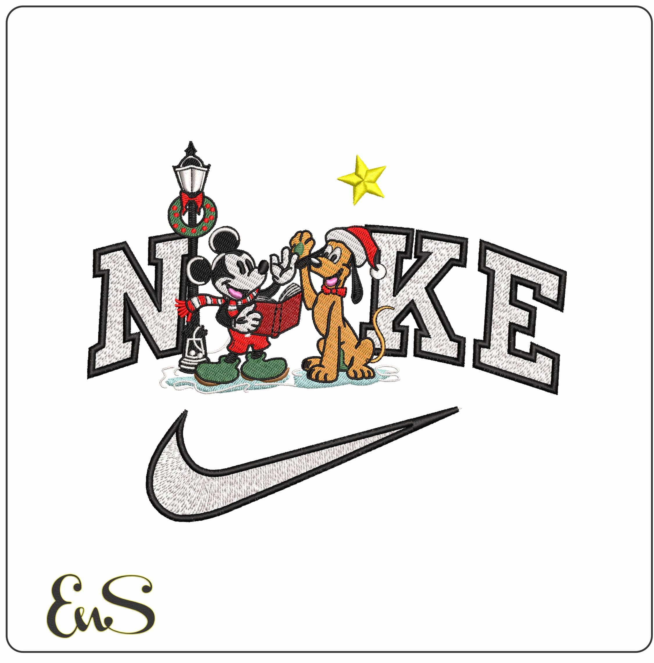 Nike Mickey Mouse and Pluto Carol Singing Light and Star- Elegant embroidery design file - instant download