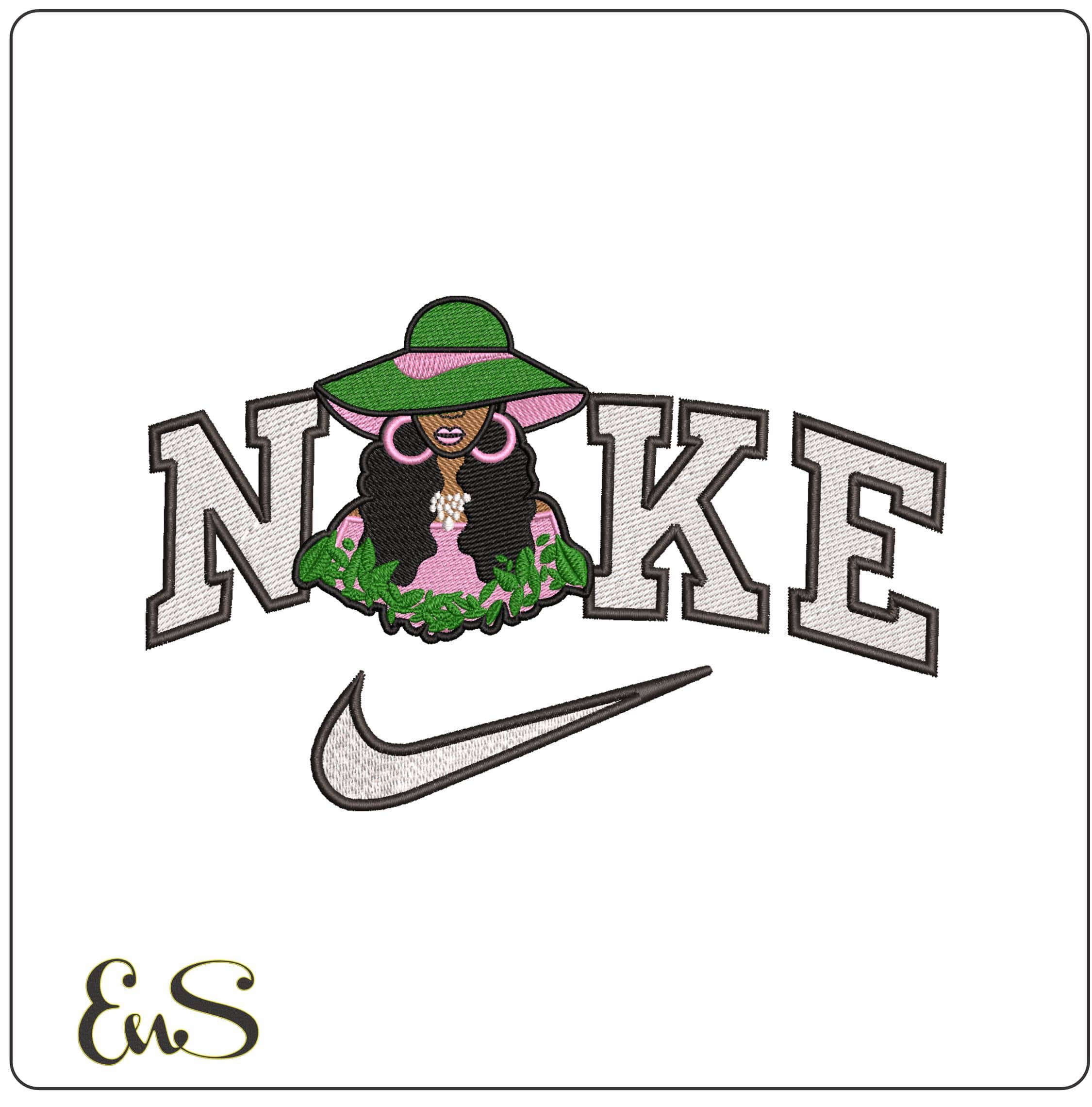 Nike Afro Woman with Hat and leaves- Elegant embroidery design file - instant download
