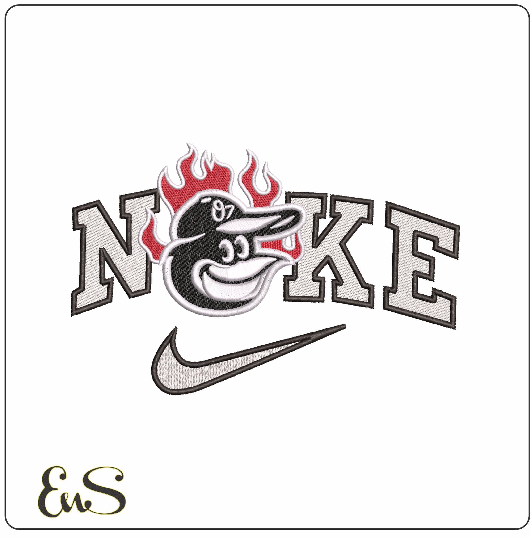 Nike Baltimore Orioles Bird and Flames- Elegant embroidery design file - instant download