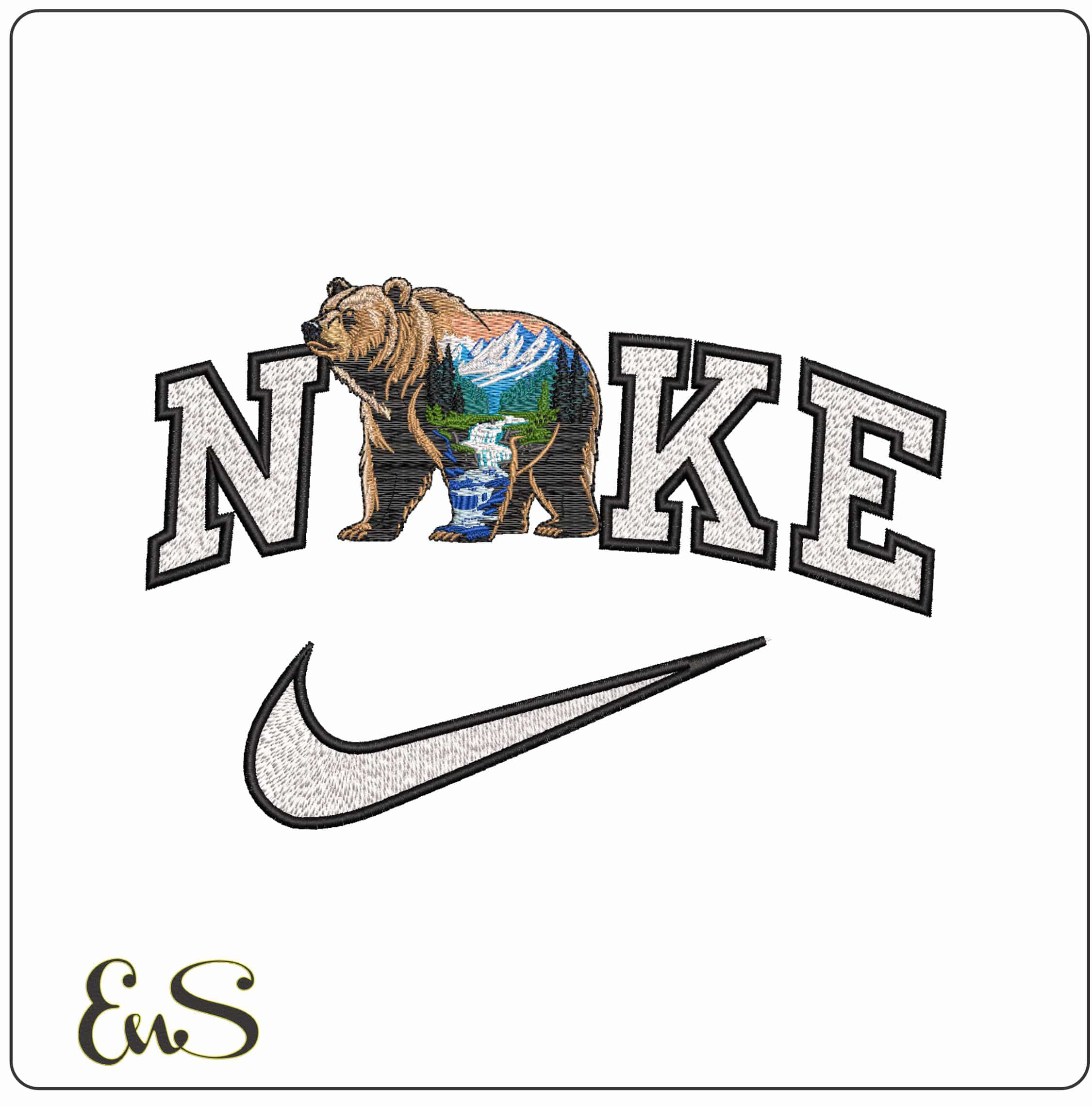 Nike Bear with Scenery- Elegant embroidery design file - instant download