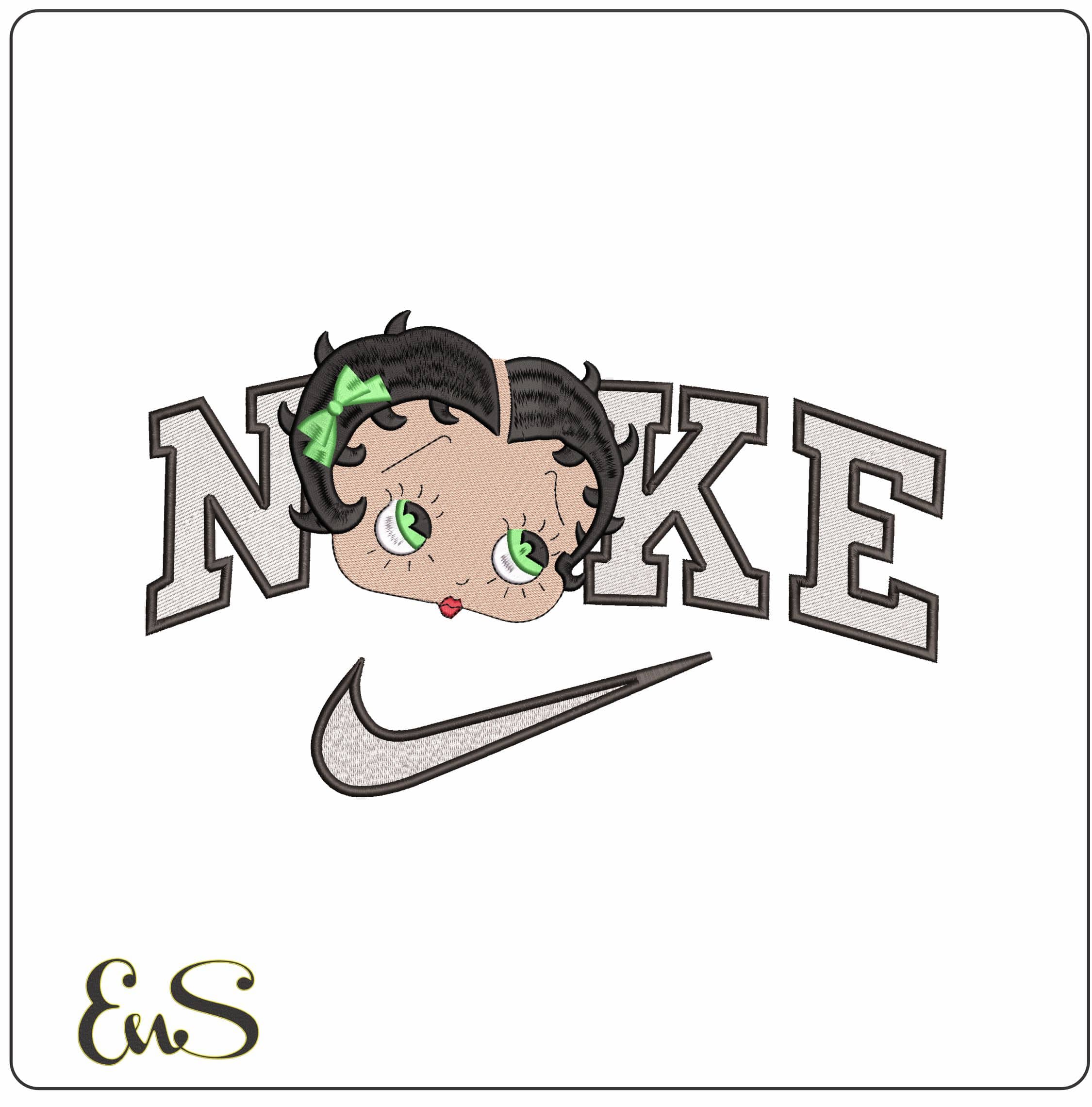 Nike Betty Boo Face with Green Bow- Elegant embroidery design file - instant download