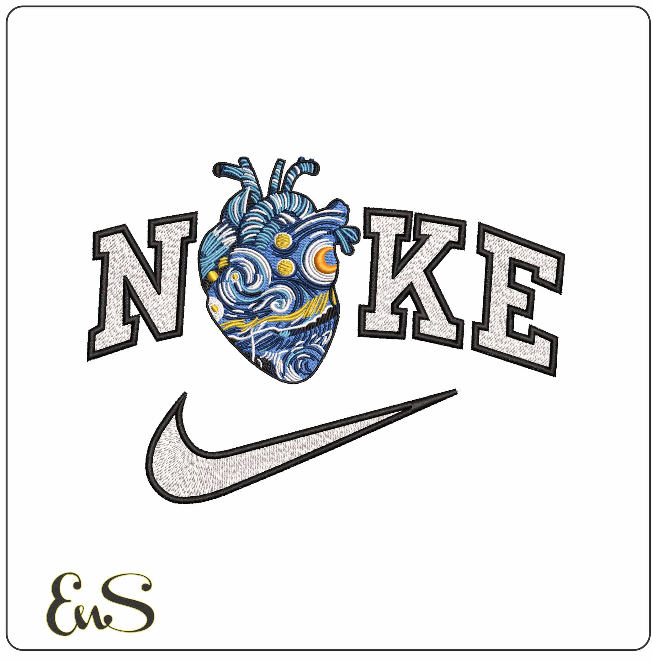 Nike Blue Heart Van Gogh- Elegant embroidery design file - instant download