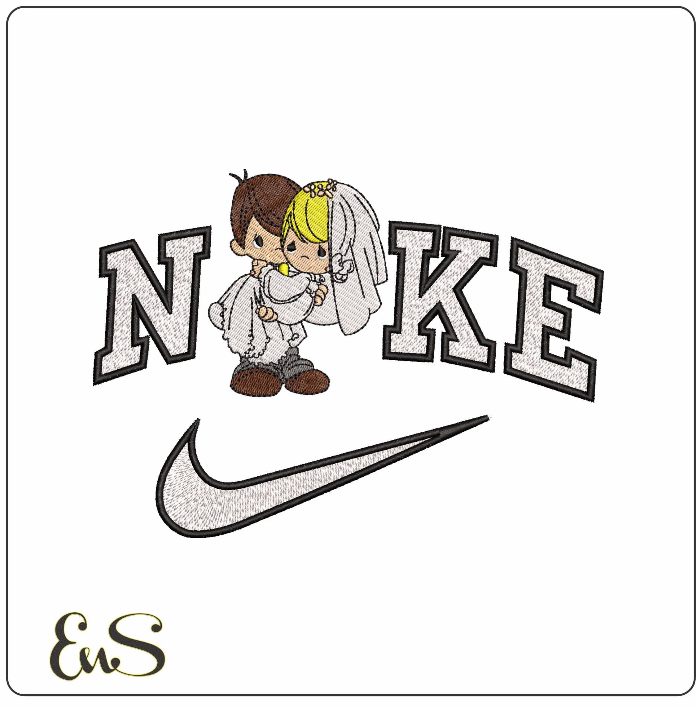Nike Bride and Groom Cartoon Chibli- Elegant embroidery design file - instant download