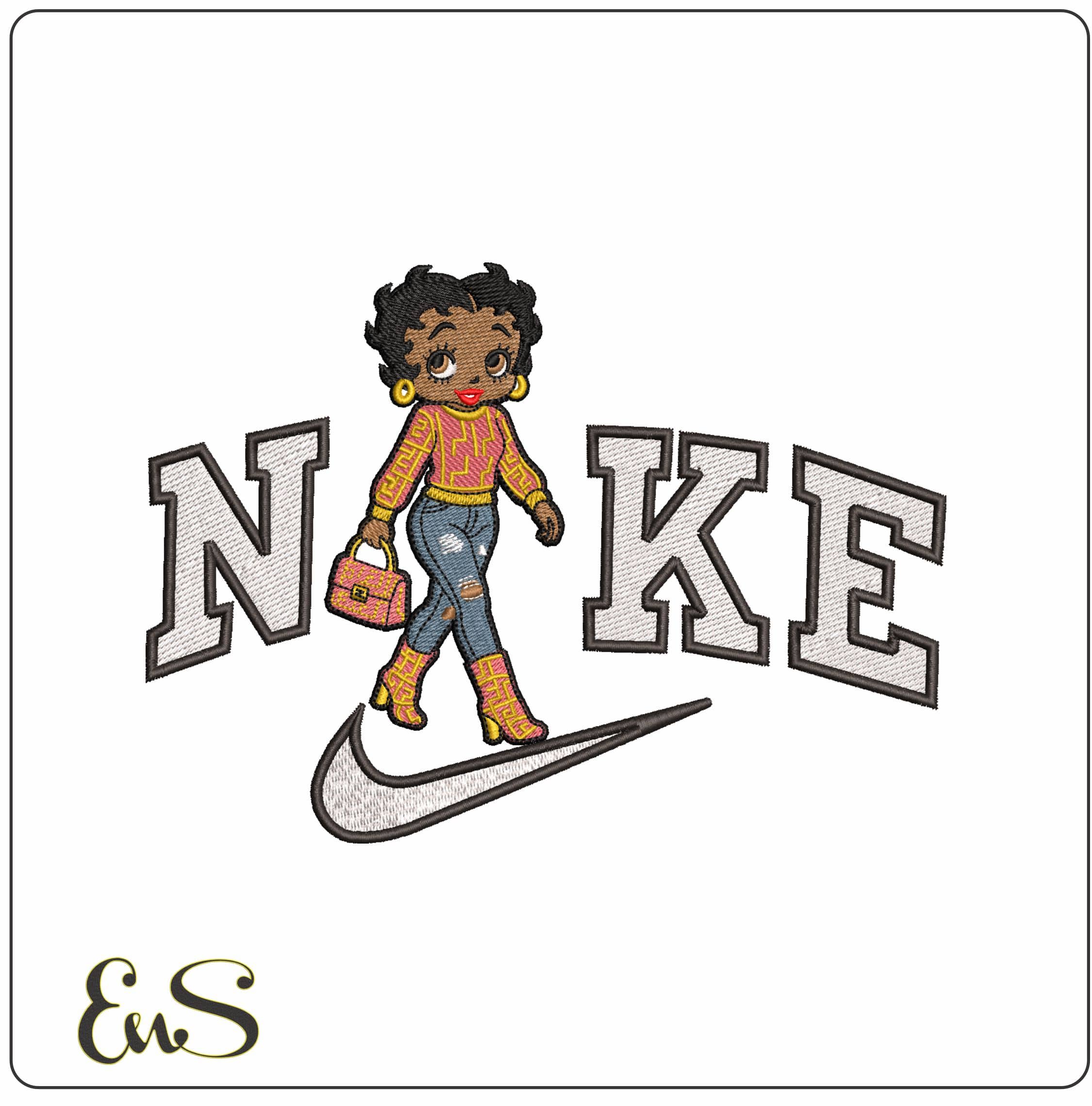 Nike Coloured Betty Boo with Handbag- Elegant embroidery design file - instant download