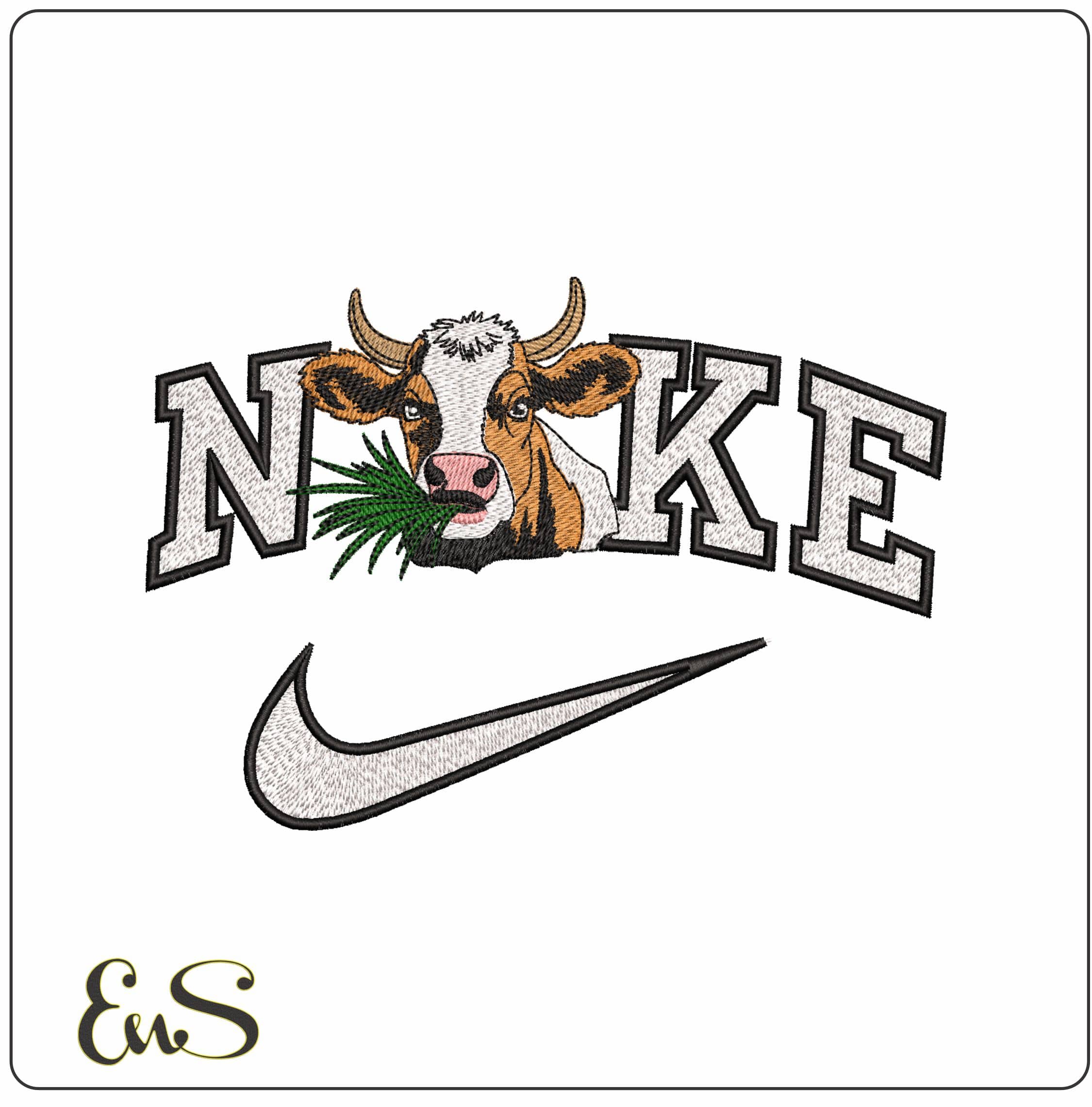 Nike Cow eating Grass- Elegant embroidery design file - instant download