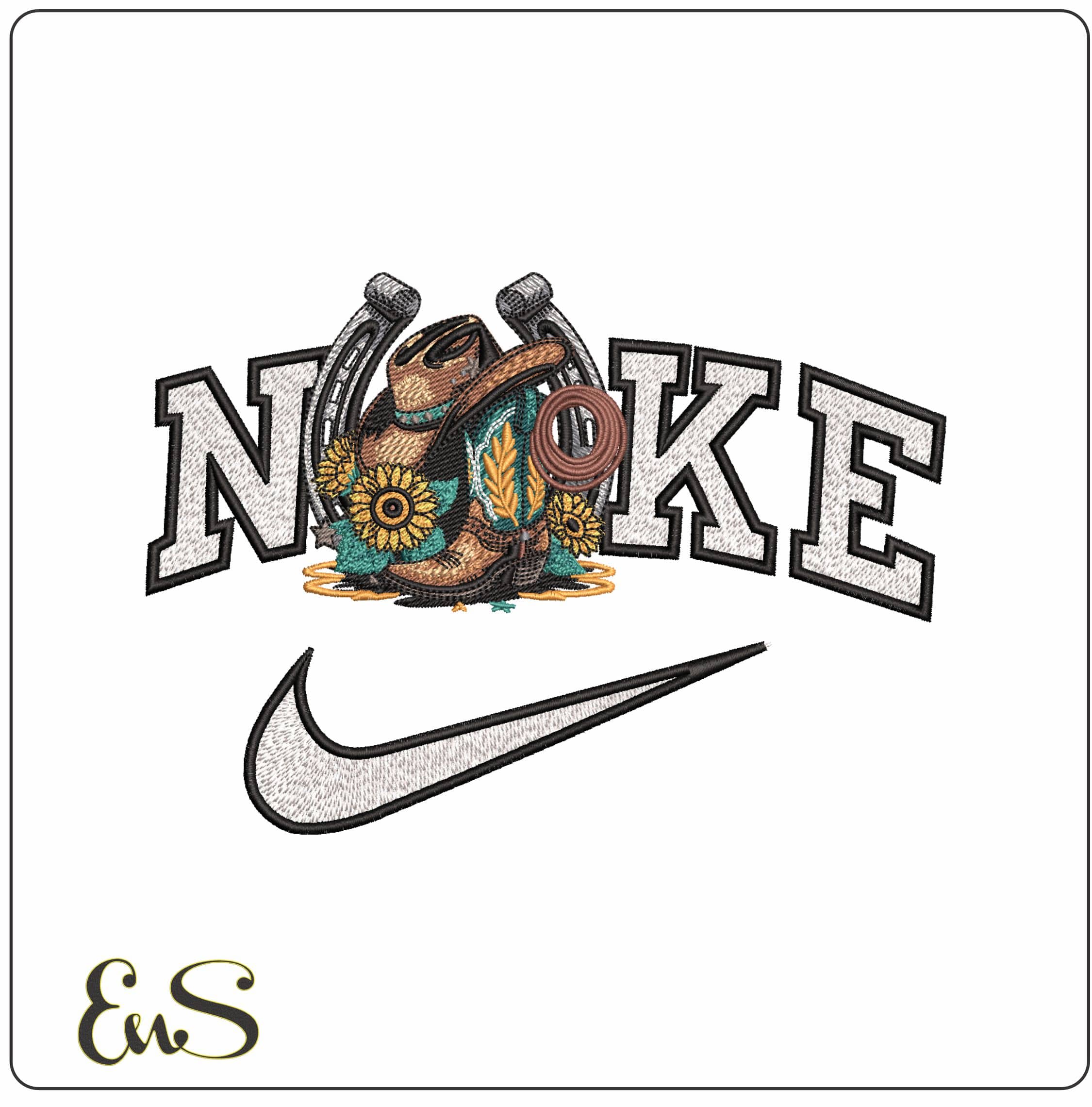 Nike Cowboy hat and boots and Horseshoe- Elegant embroidery design file - instant download