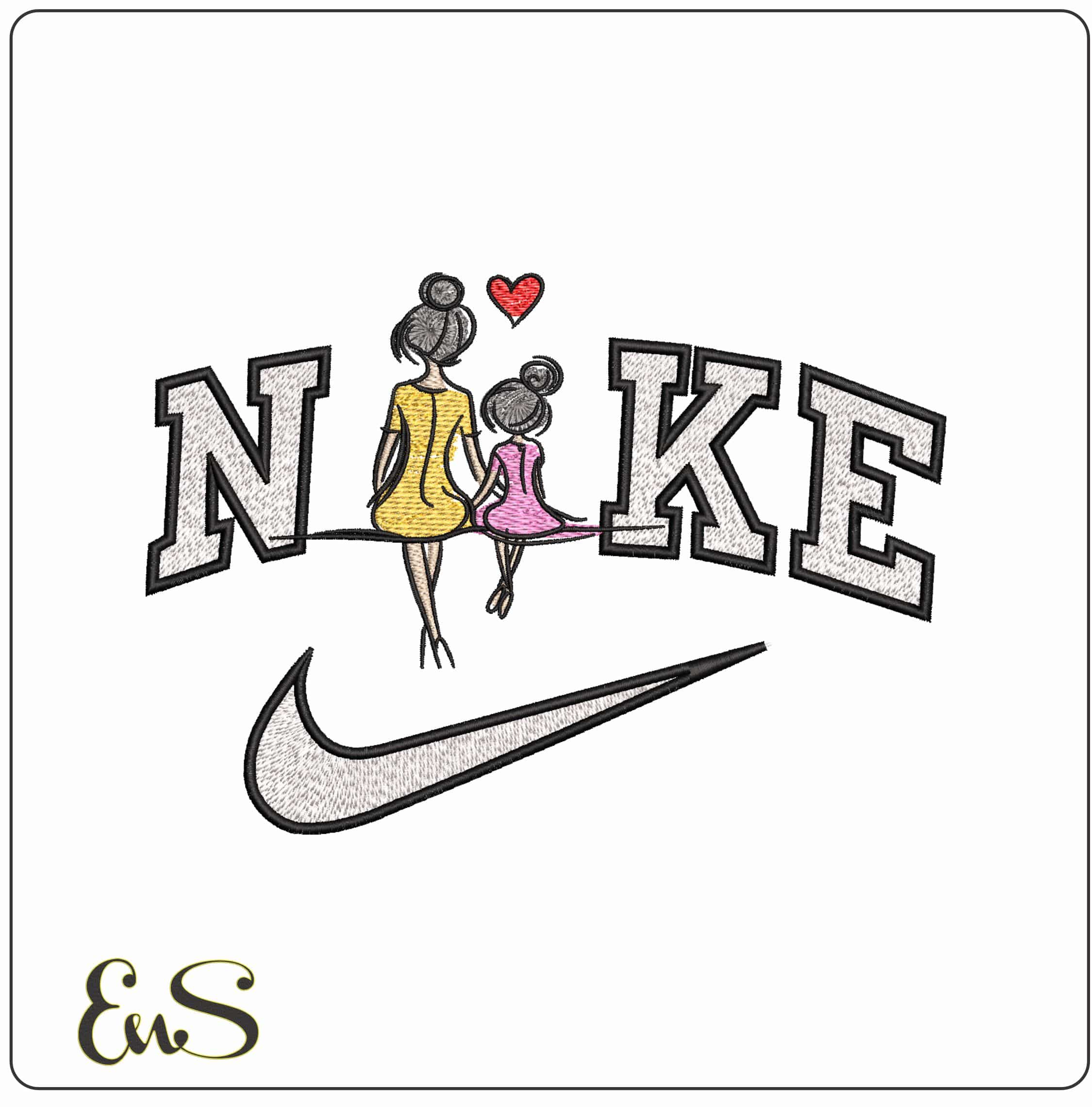 Nike Mother and Daugther sitting Love- Elegant embroidery design file - instant download