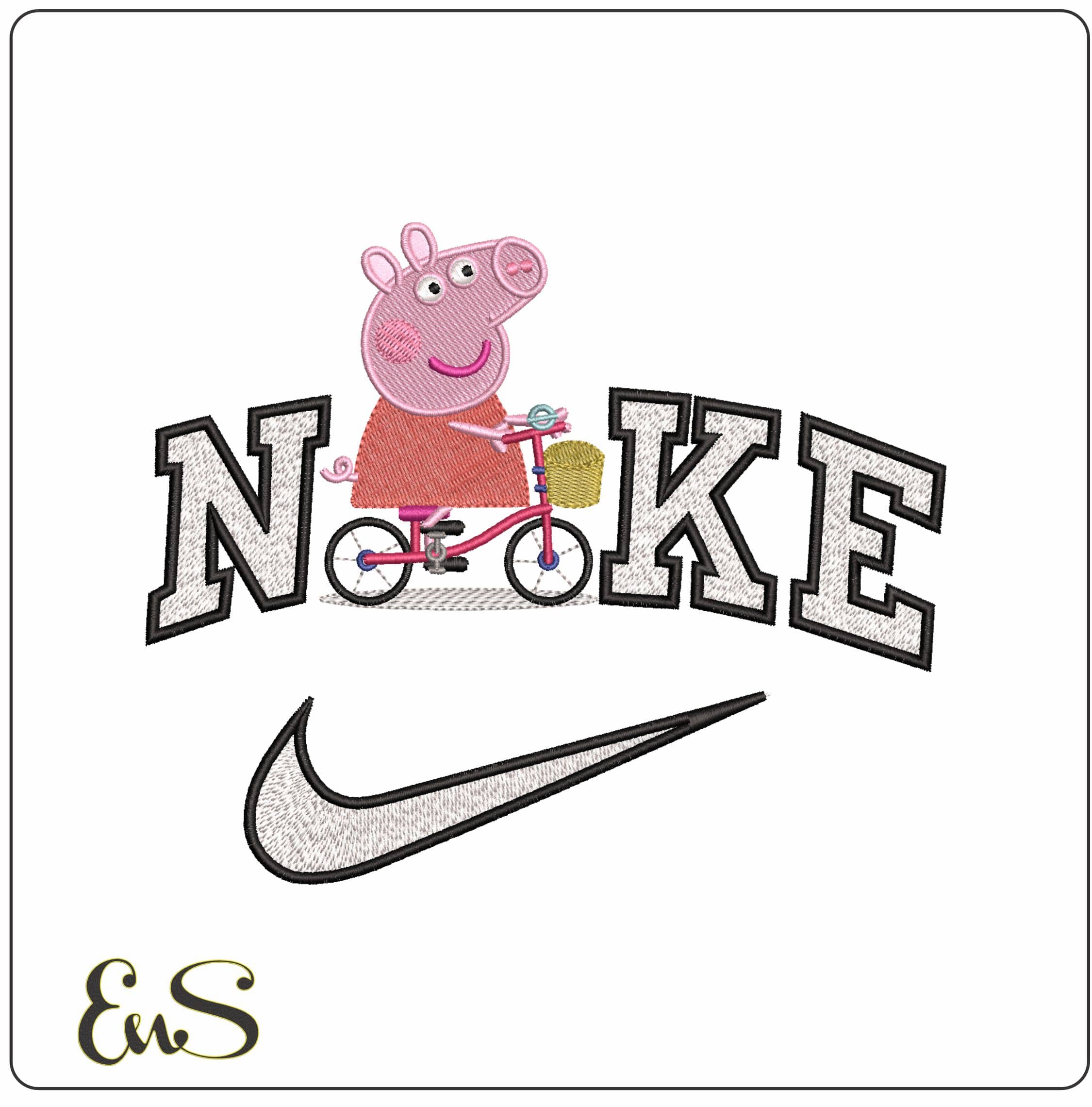 Nike Peppa Pig on a bike- Elegant embroidery design file - instant download