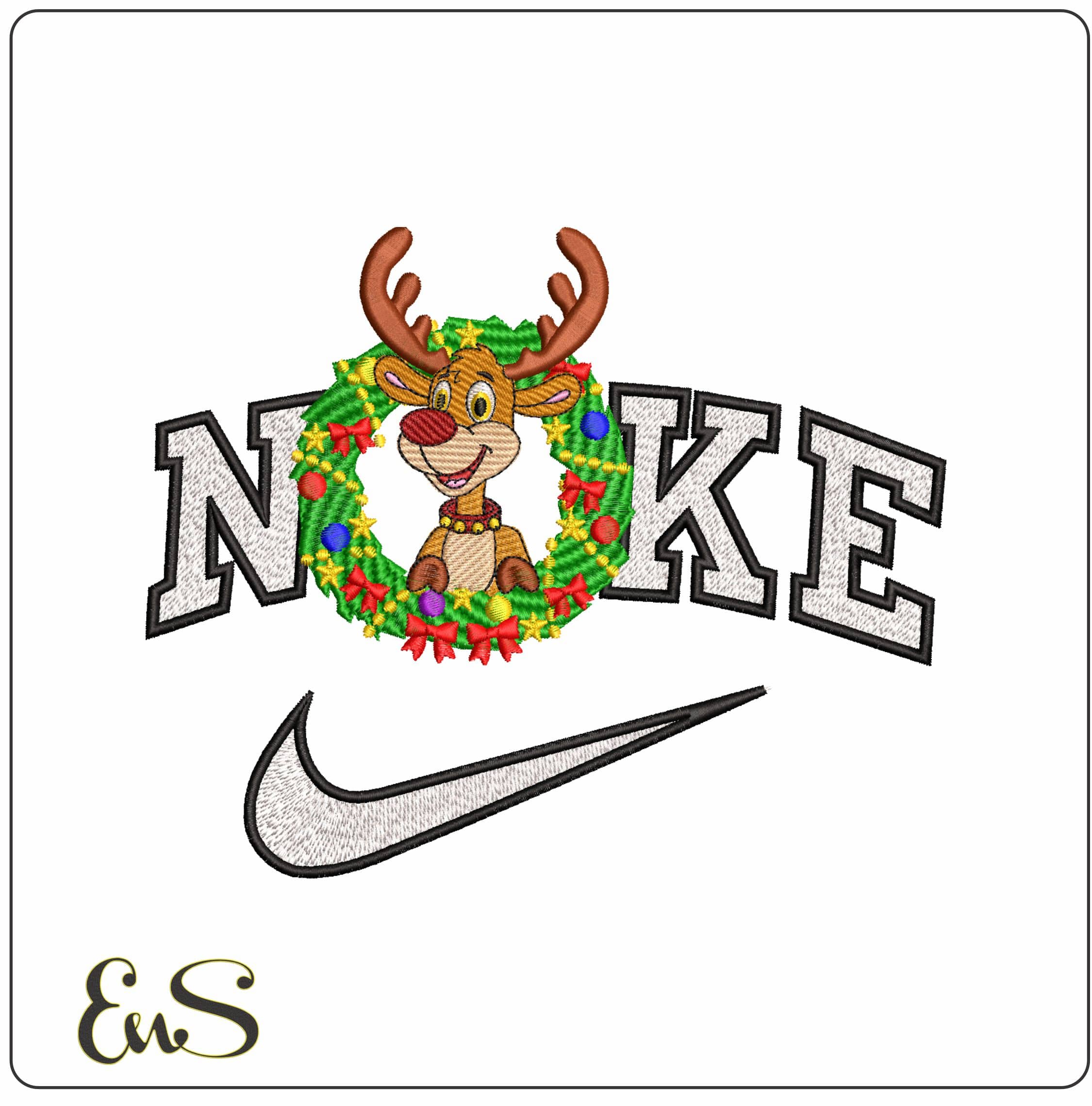 Nike Reindeer in Christmas Wreath- Elegant embroidery design file - instant download
