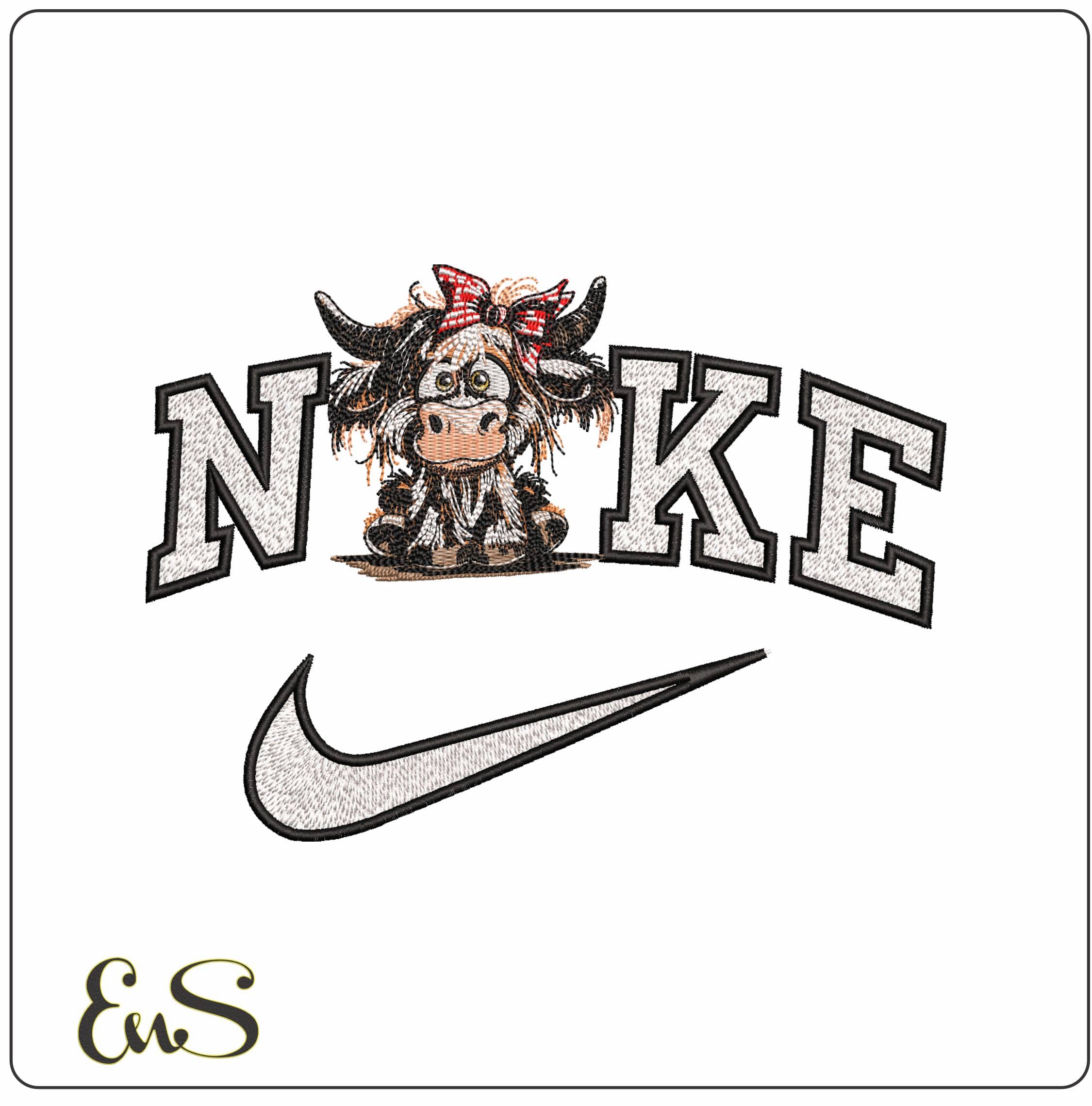 Nike Scruffy Highland Cow- Elegant embroidery design file - instant download