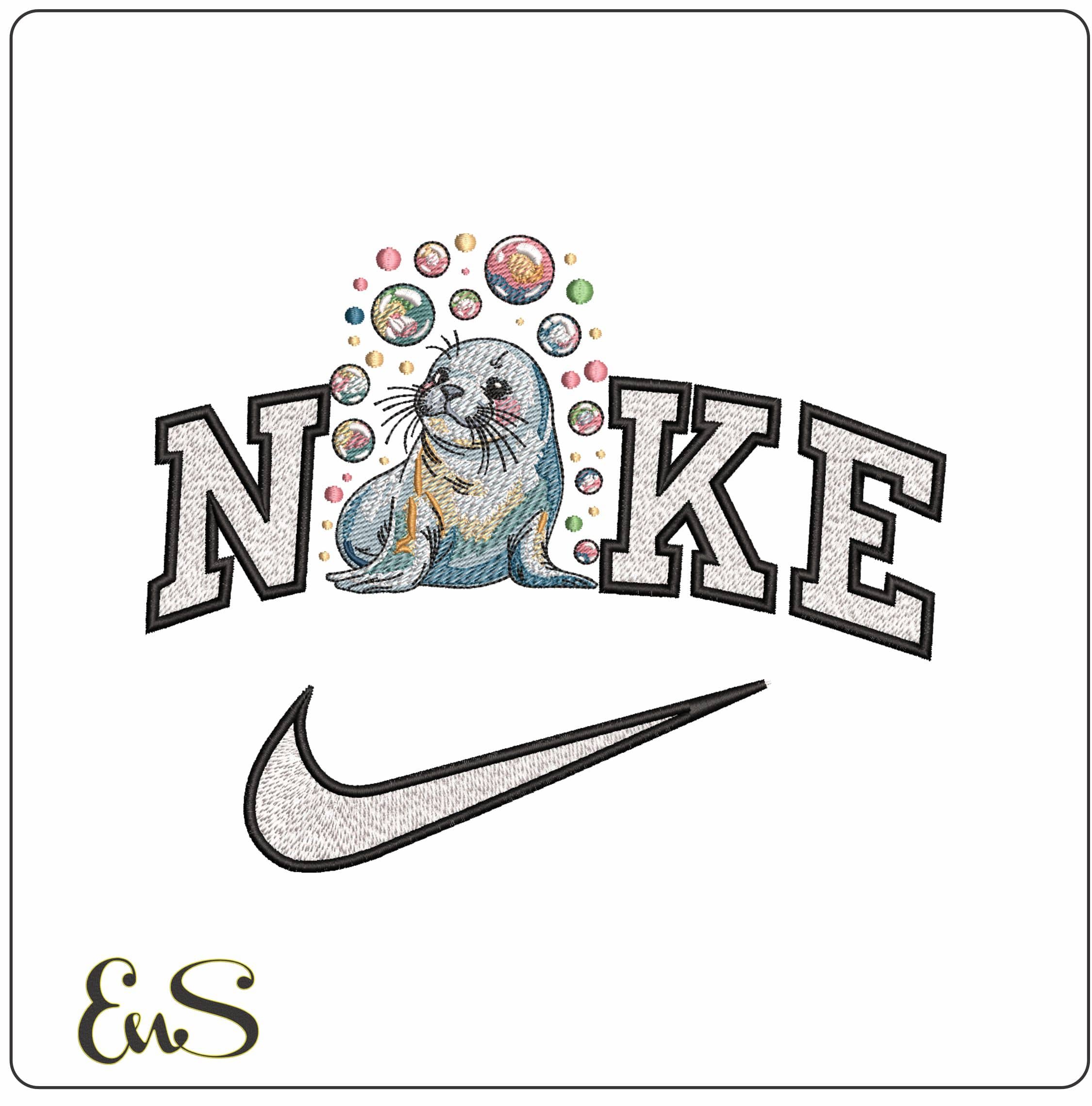 Nike Seal with Bubbles- Elegant embroidery design file - instant download