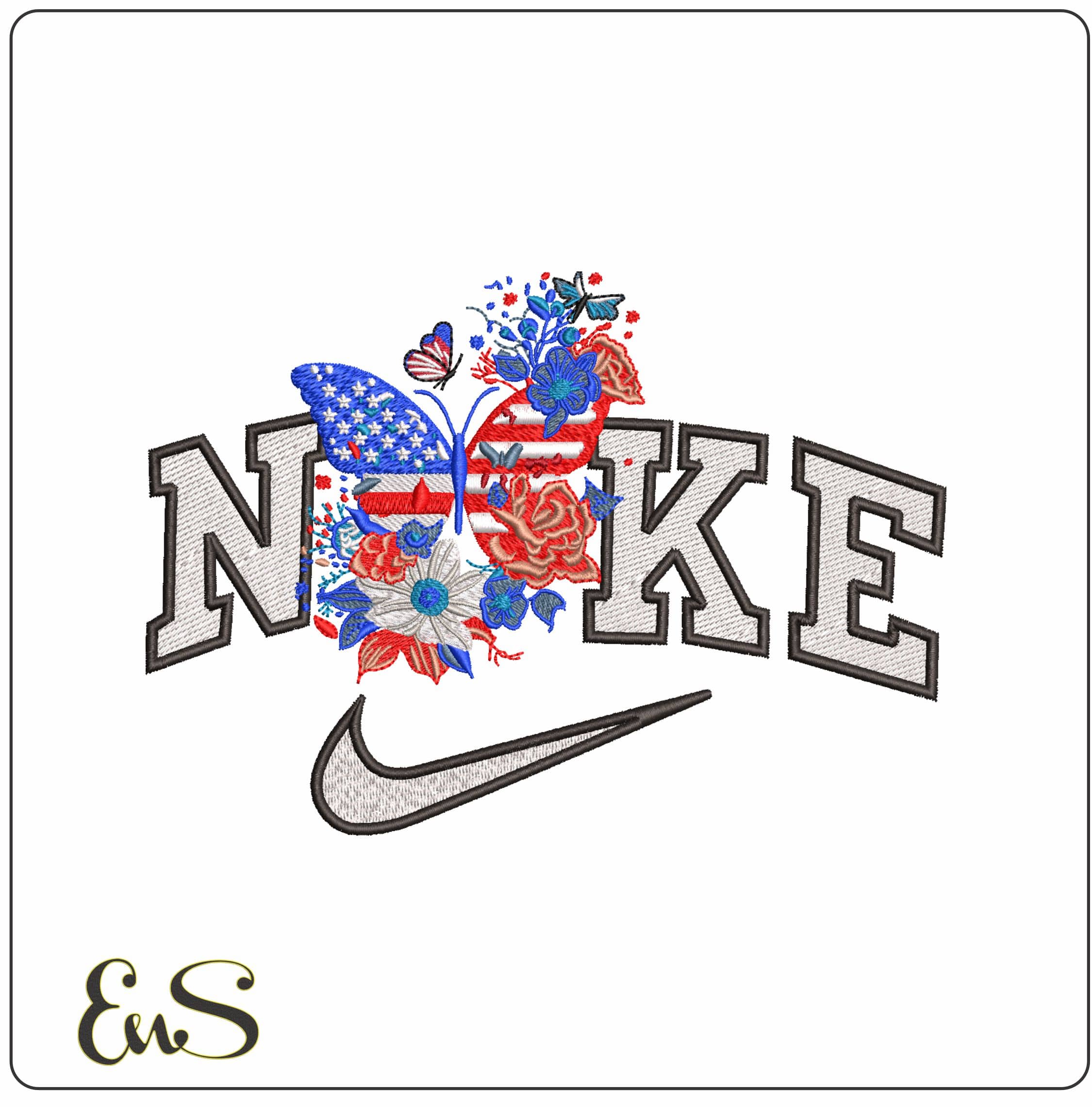 Nike USA Butterflies and Flowers- Elegant embroidery design file - instant download