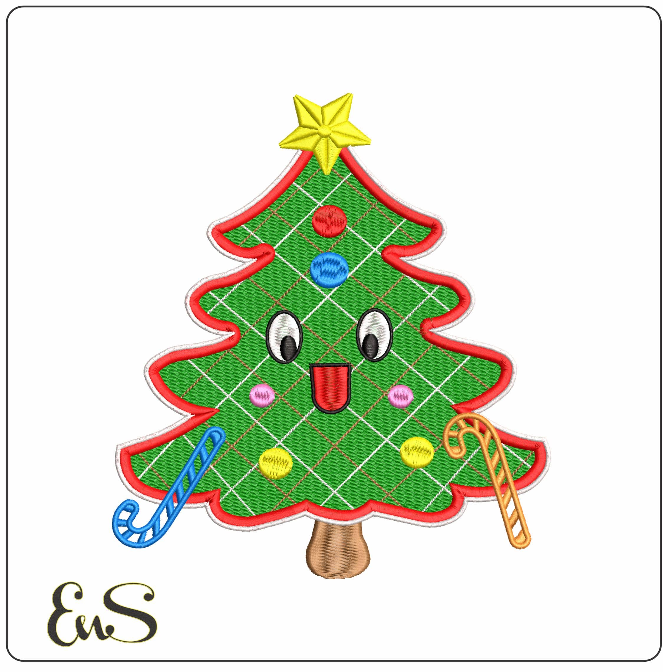 Plaid Christmas Tree with Face- Elegant embroidery design file - instant download