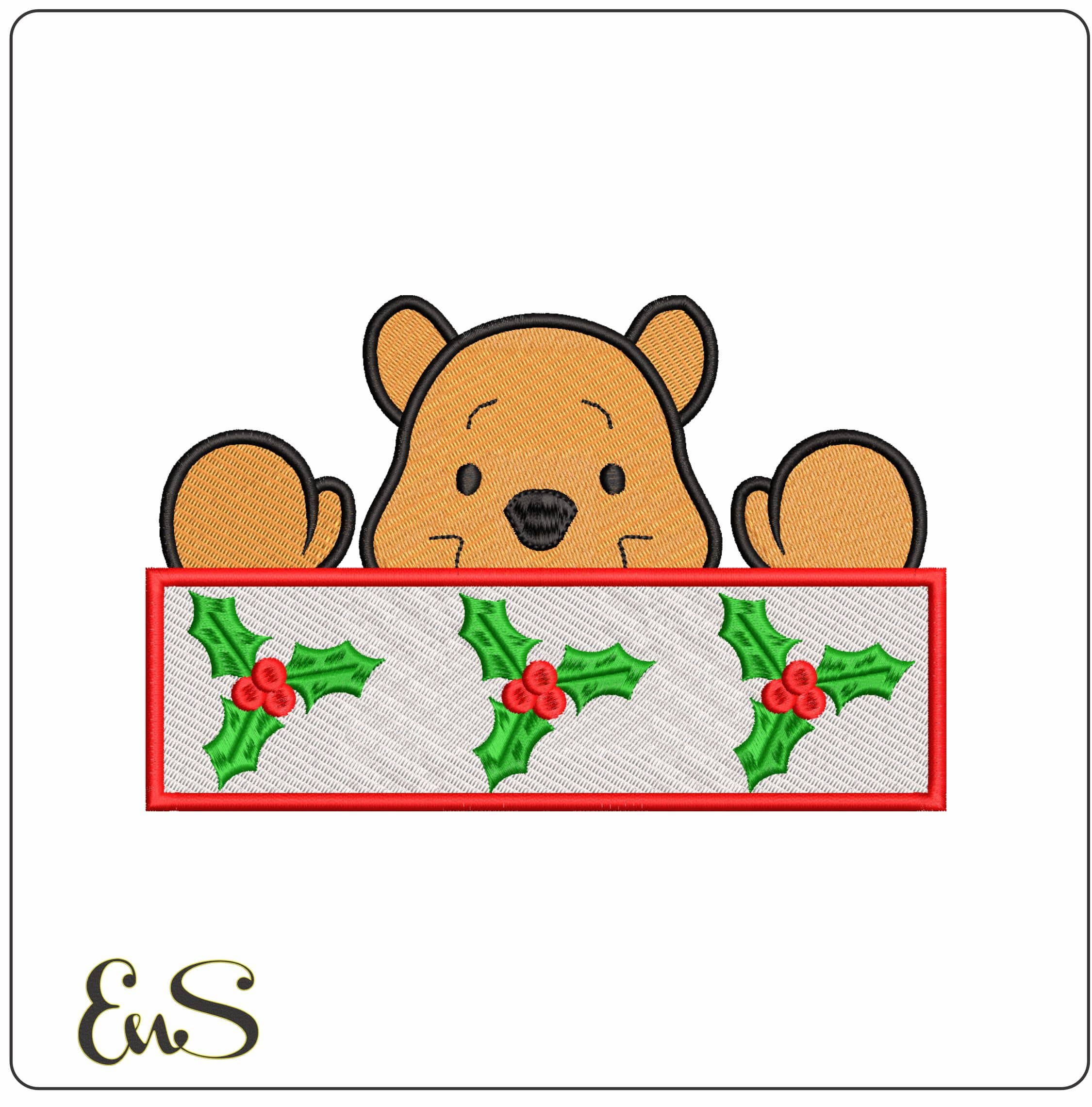 Pooh Head with Holly Leaves- Elegant embroidery design file - instant download