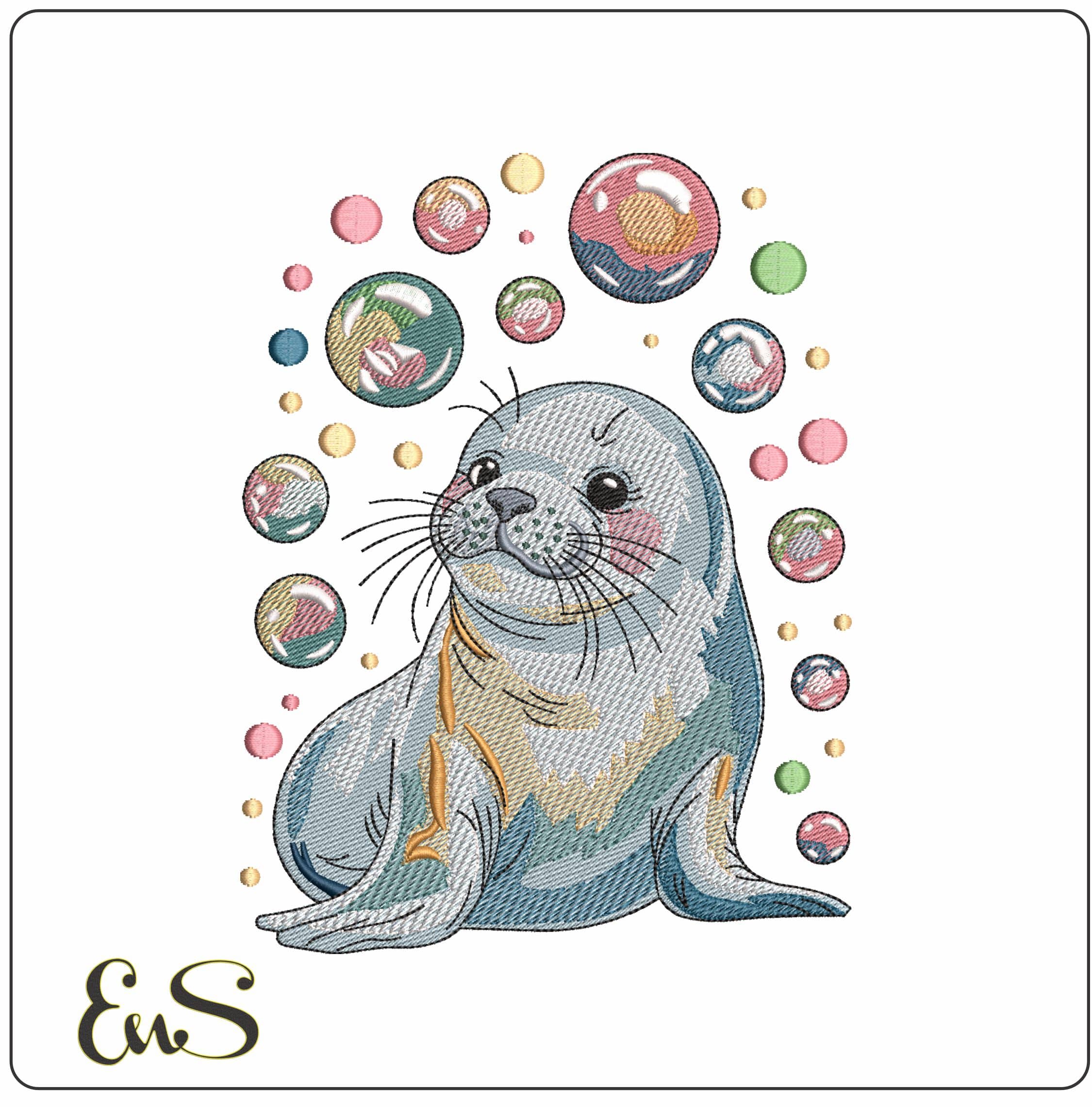 Seal with Bubbles- Elegant embroidery design file - instant download