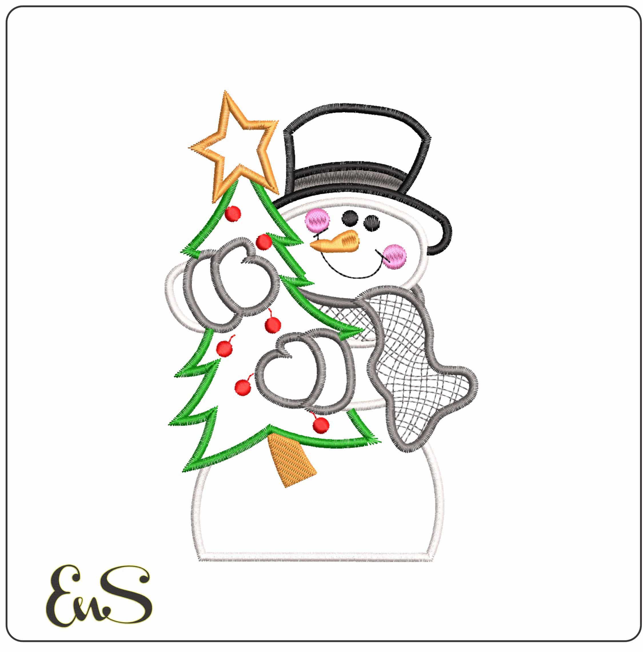 Snowman with Christmas tree Outline- Elegant embroidery design file - instant download
