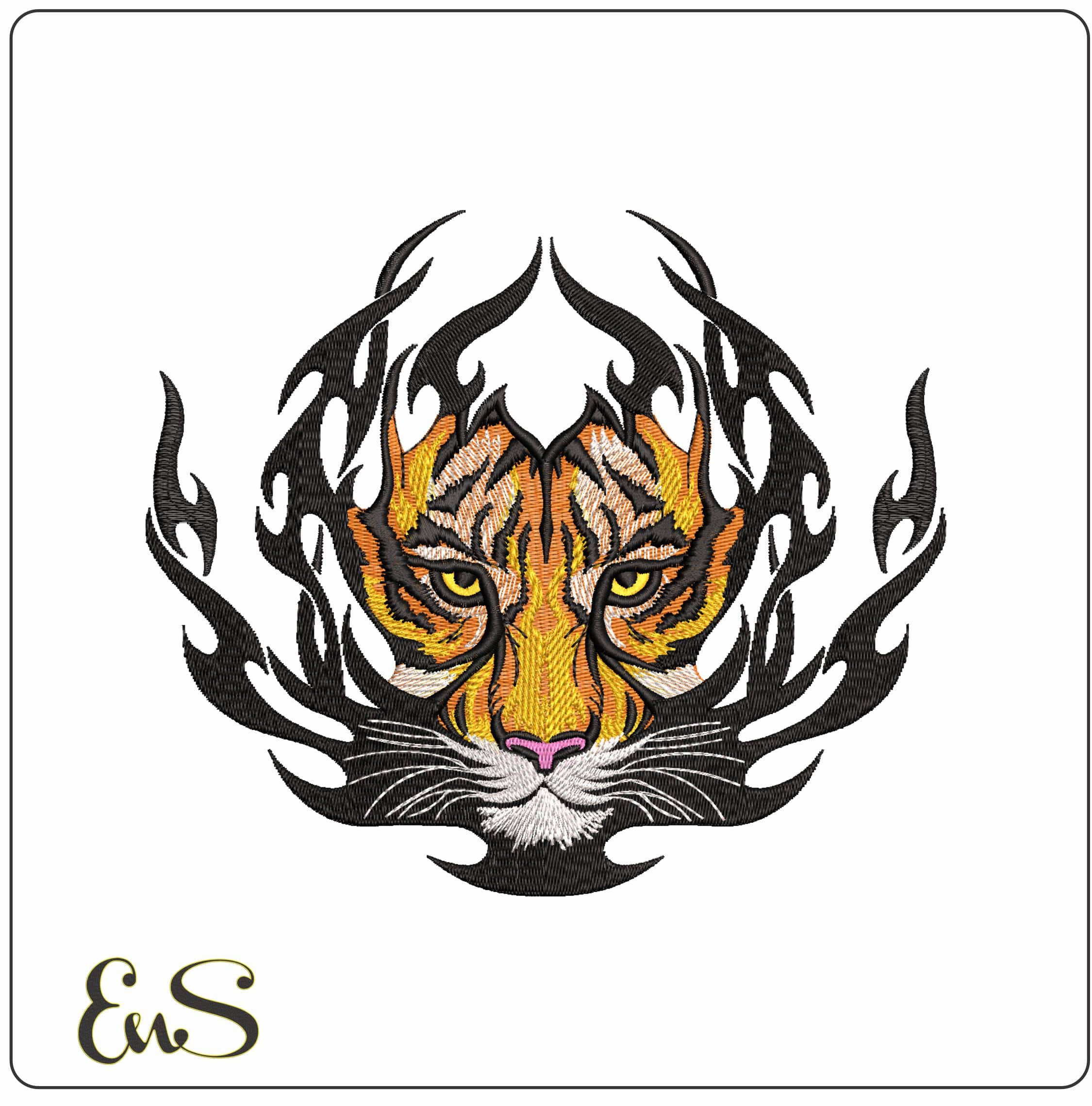 Tiger face in flames Tattoo- Elegant embroidery design file - instant download