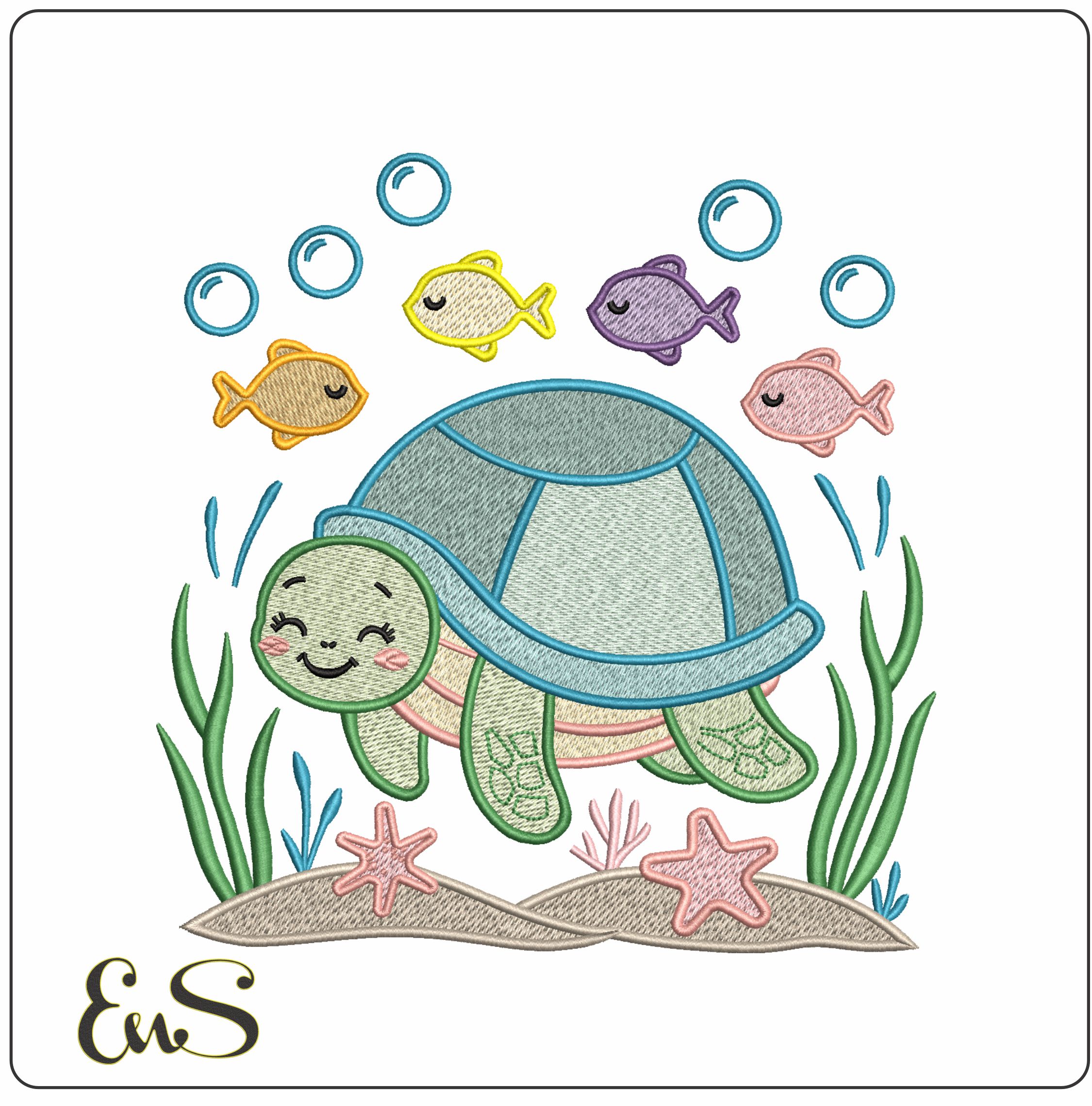 Turtle swimming with fish- Elegant embroidery design file - instant download