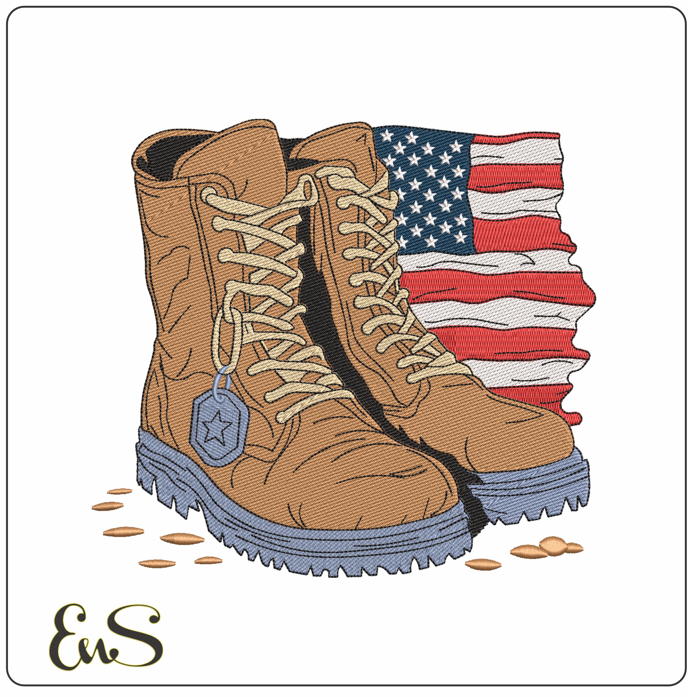 USA Flag and Army Boots- Elegant embroidery design file - instant download