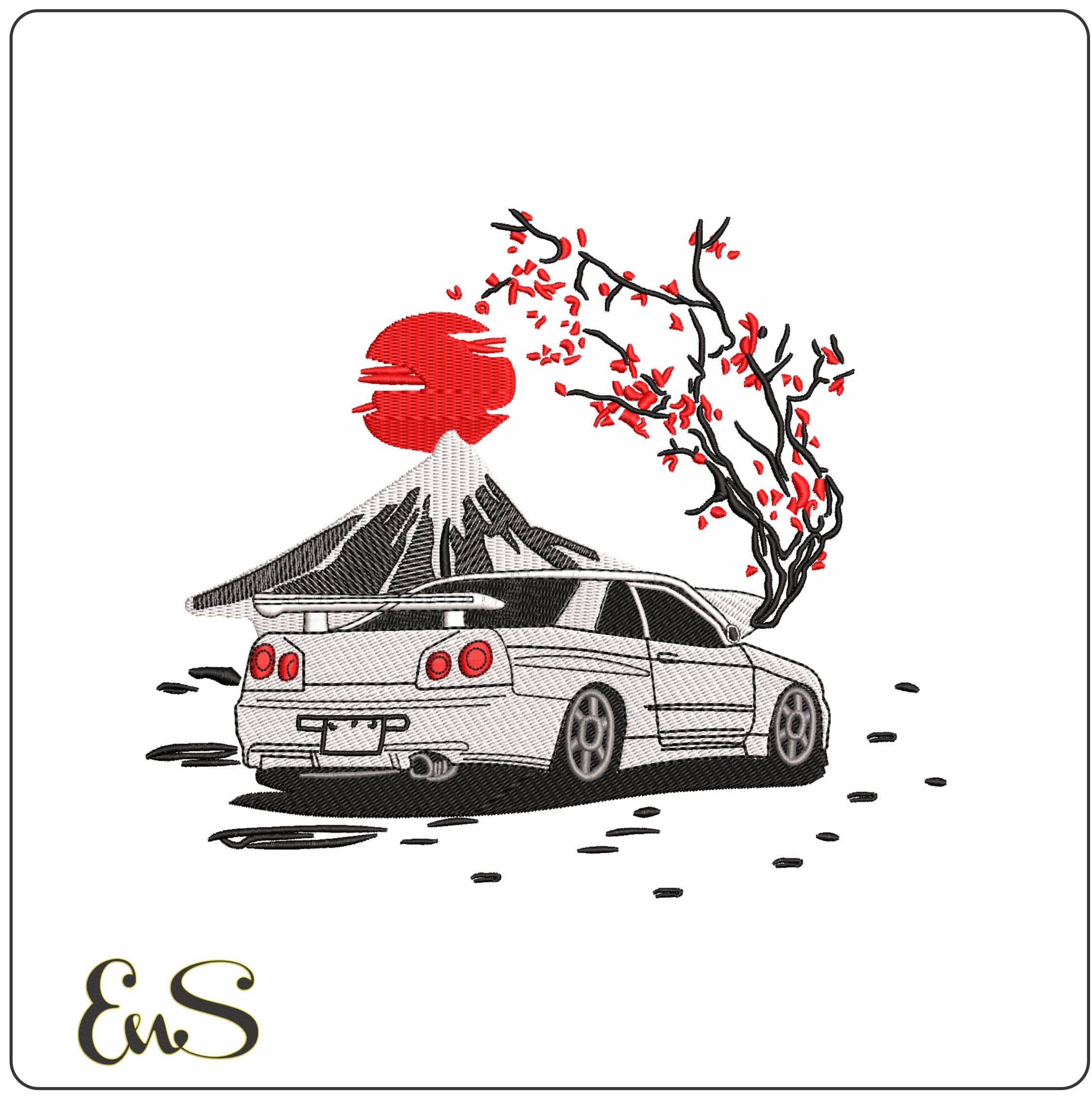 Car in Japanese Scene - Elegant embroidery design file - instant download