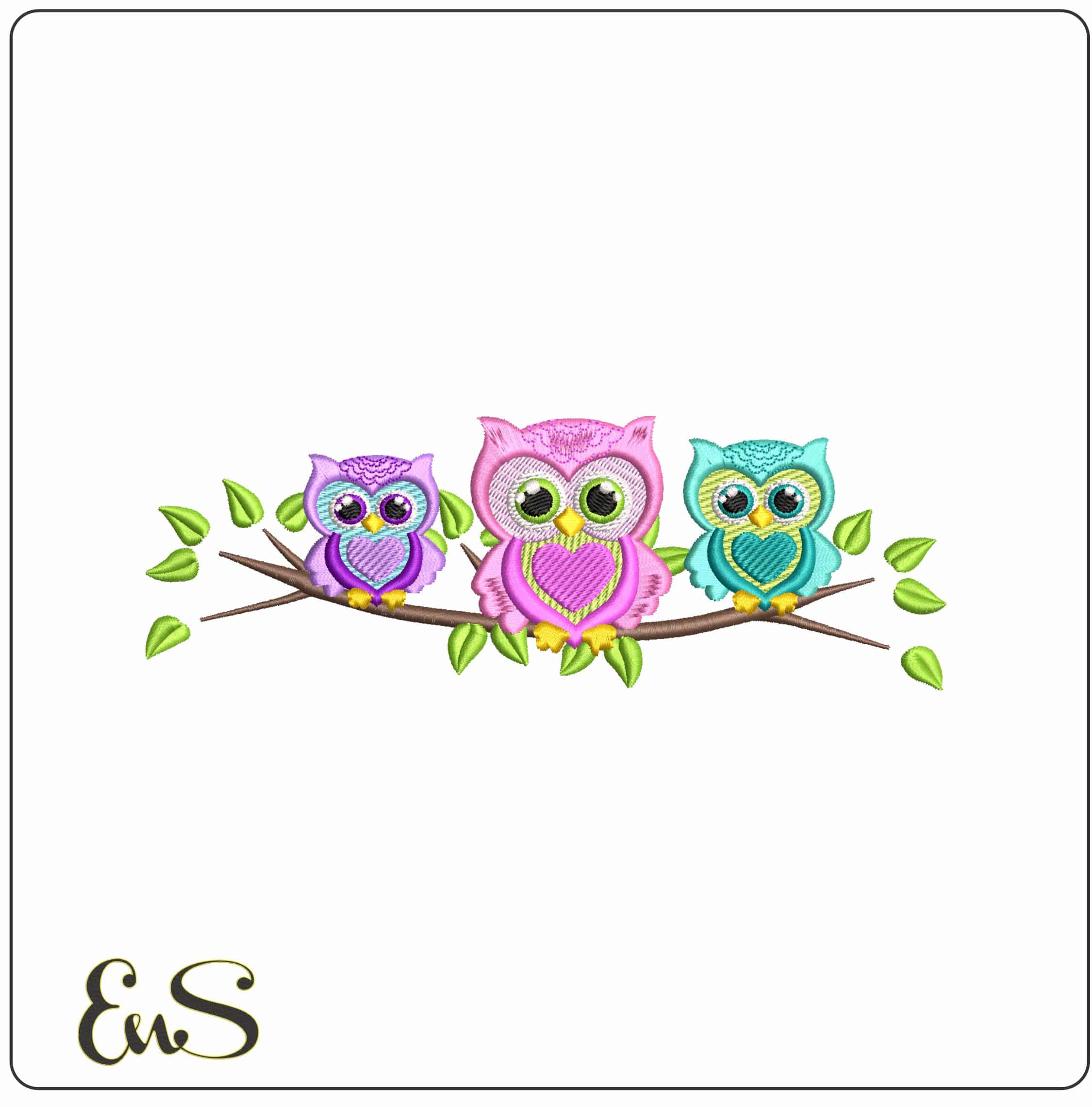3 Owls on a Branch - Elegant embroidery design file - instant download