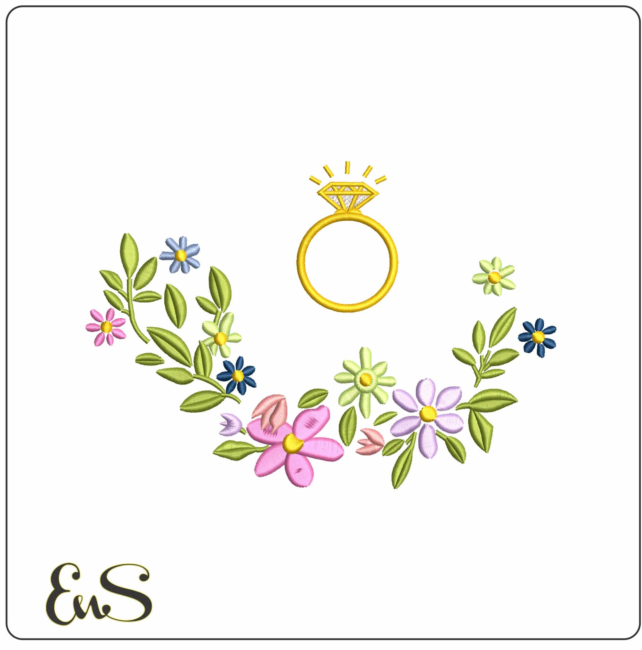 Flowers and Diamond Ring - Elegant embroidery design file - instant download