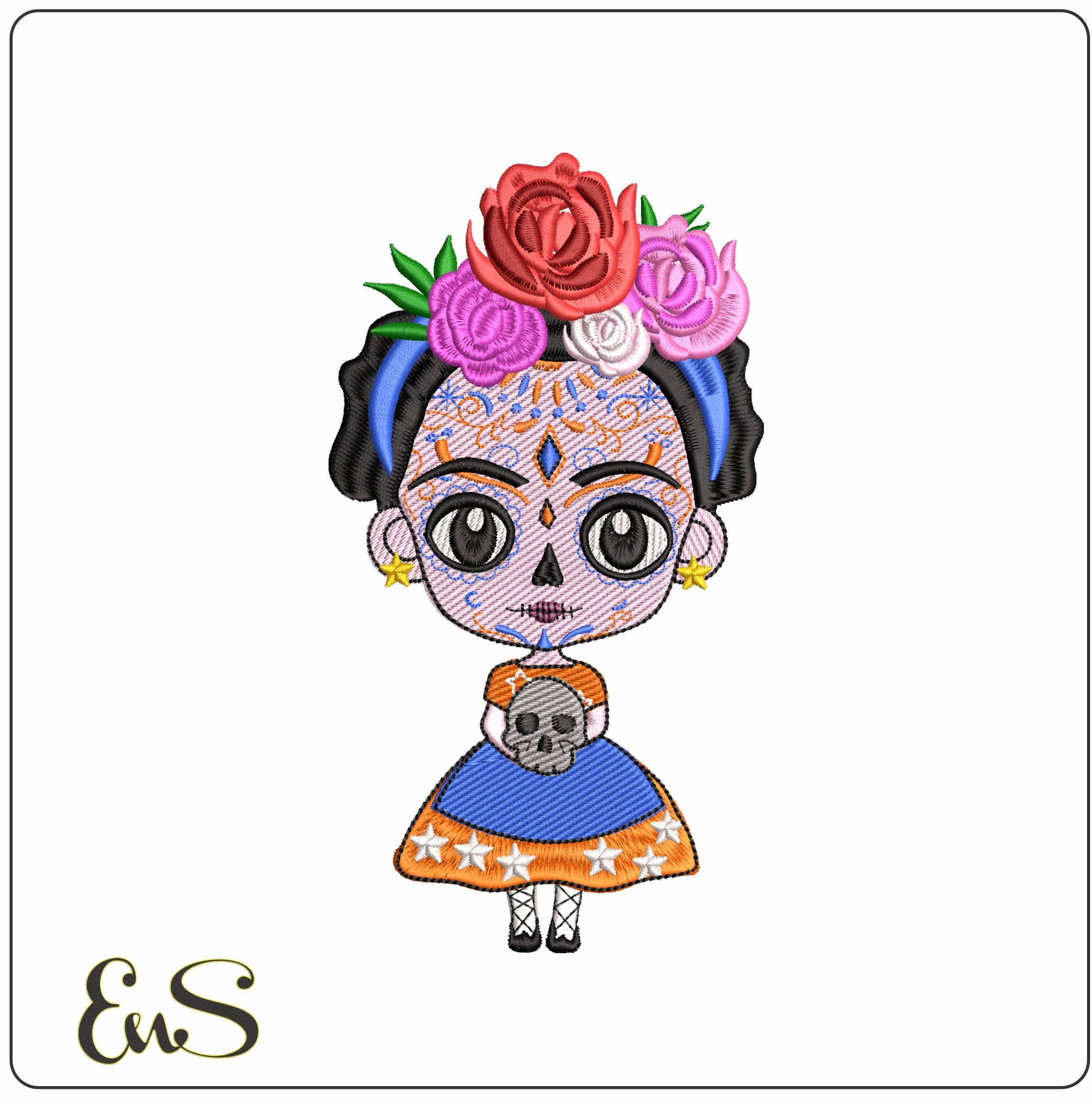 Frida Catrina as Day of Dead - Elegant embroidery design file - instant download