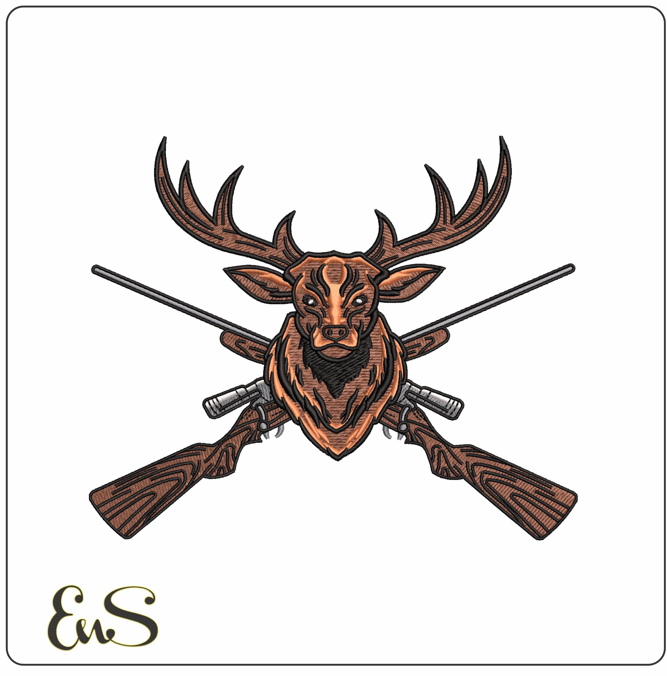 Hunting Rifles Deers Head - Elegant embroidery design file - instant download