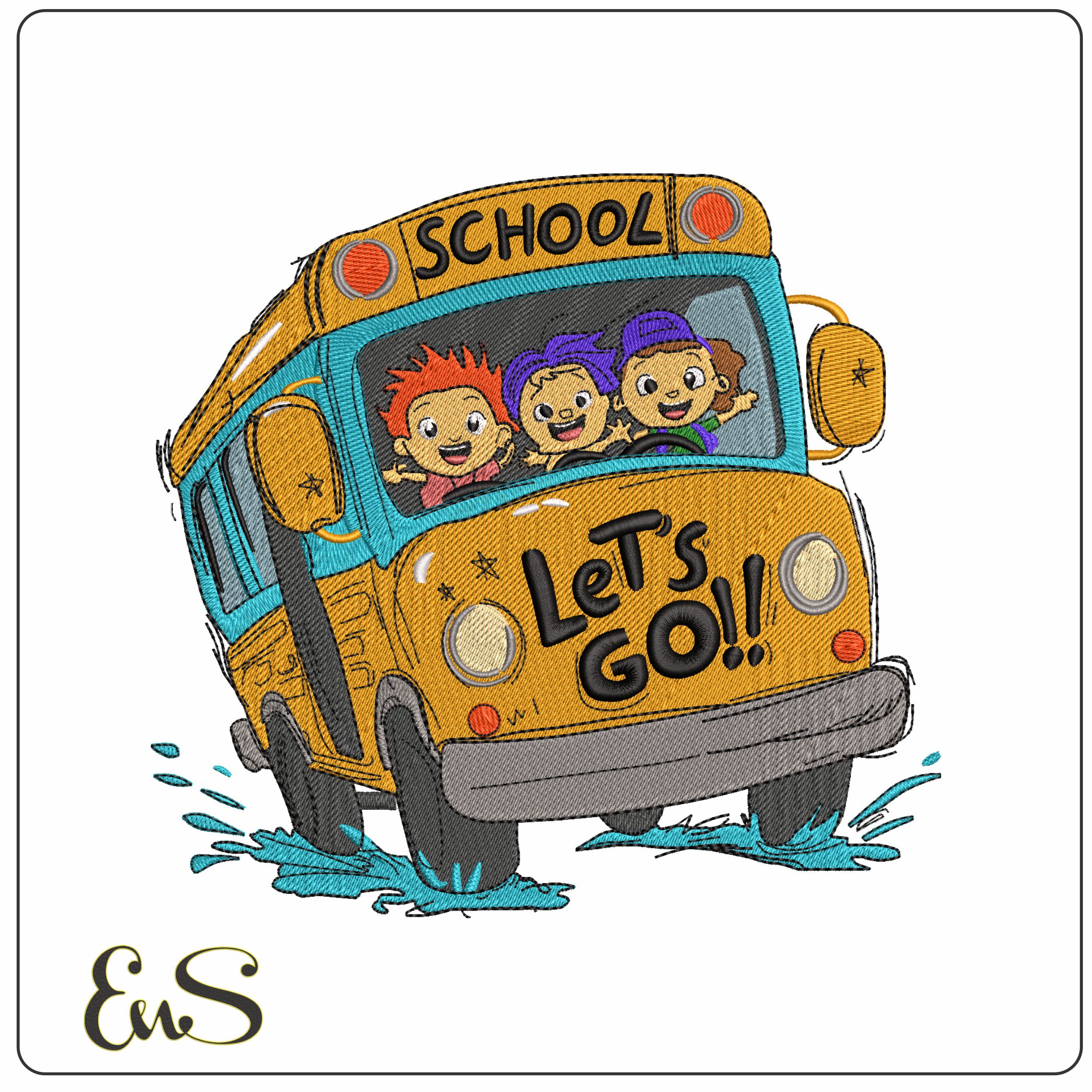 Lets Go School Bus  - Elegant embroidery design file - instant download