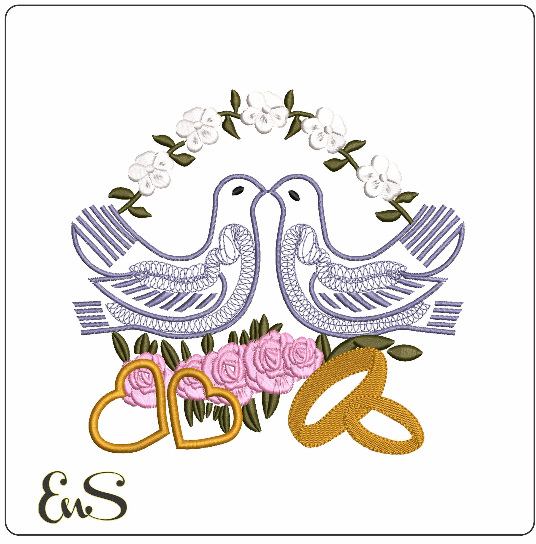 Love Doves Rings and Hearts  - Elegant embroidery design file - instant download