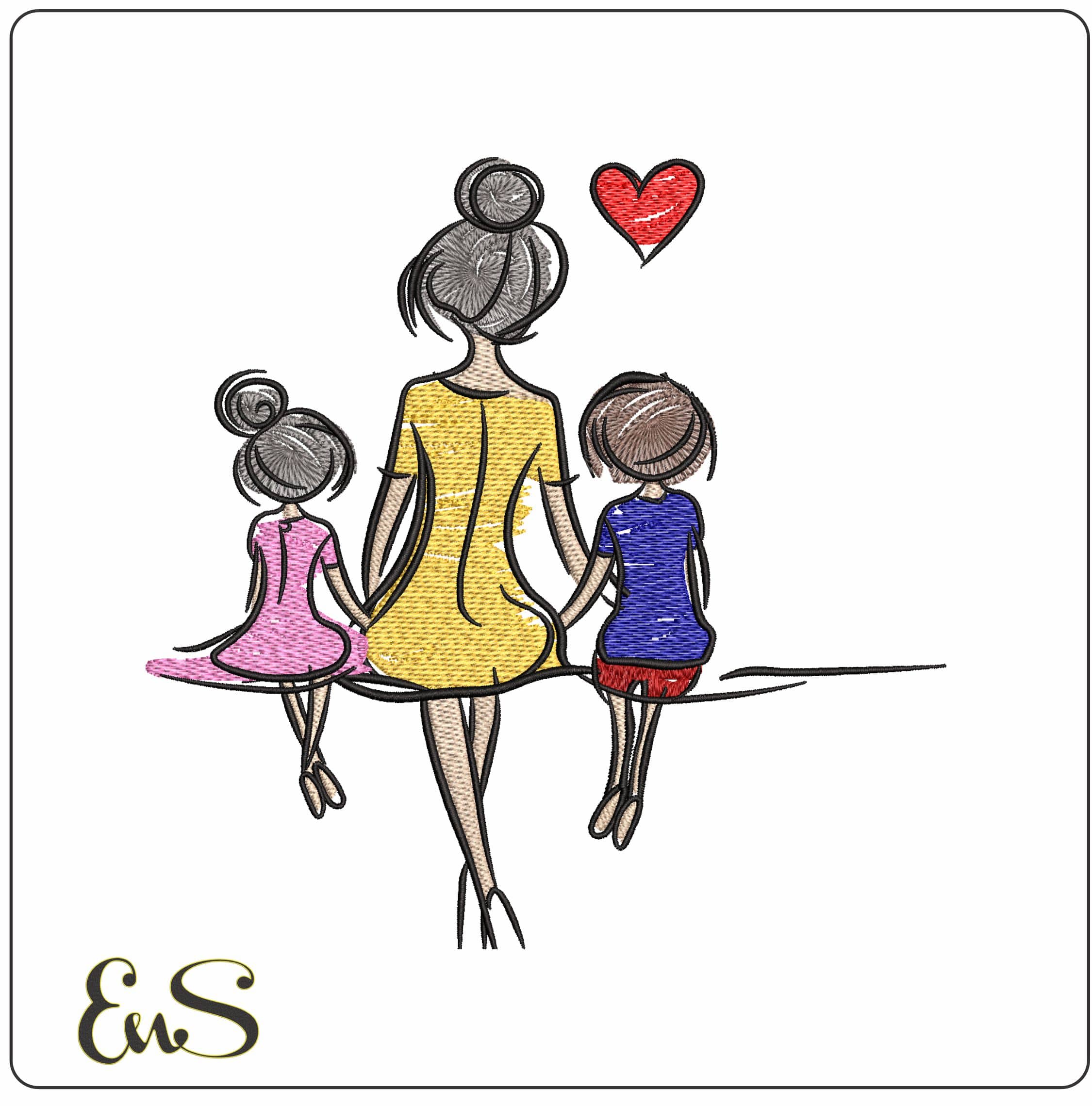 Mother and Children sitting Love  - Elegant embroidery design file - instant download