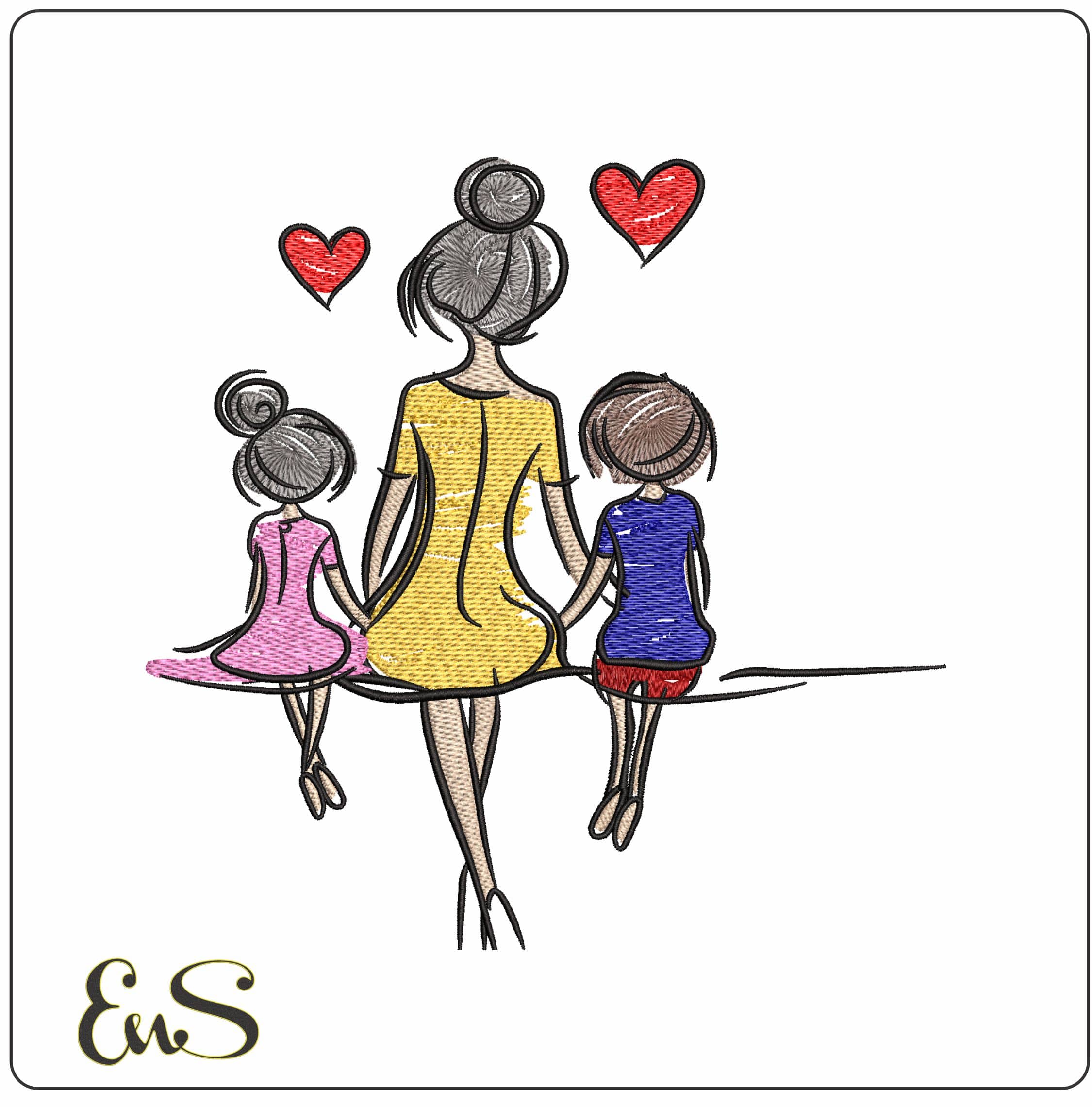 Mother and Children sitting Love all - Elegant embroidery design file - instant download