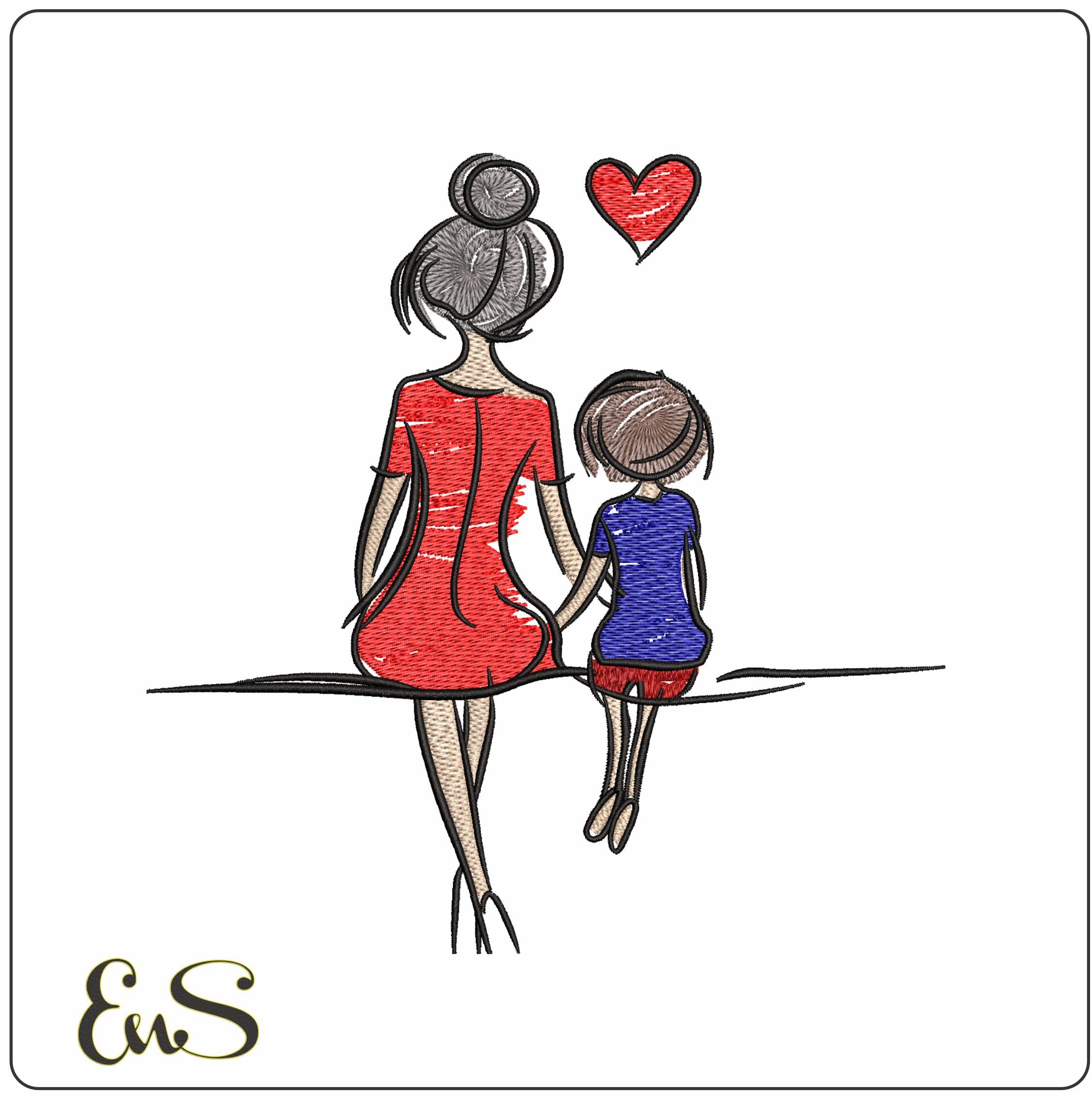 Mother and Son sitting Love  - Elegant embroidery design file - instant download