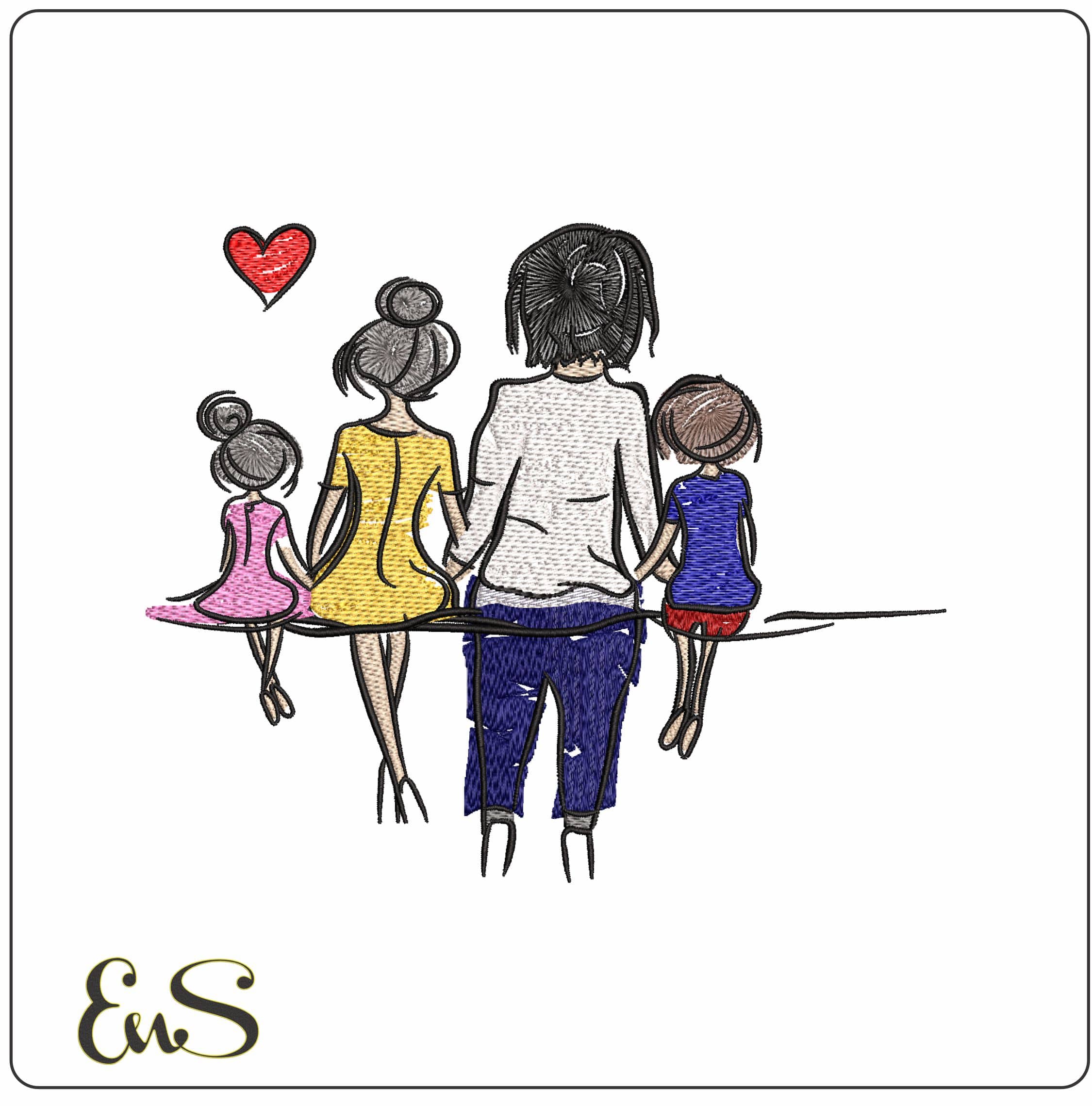 Mother Father Daughter and Son sitting Love  - Elegant embroidery design file - instant download