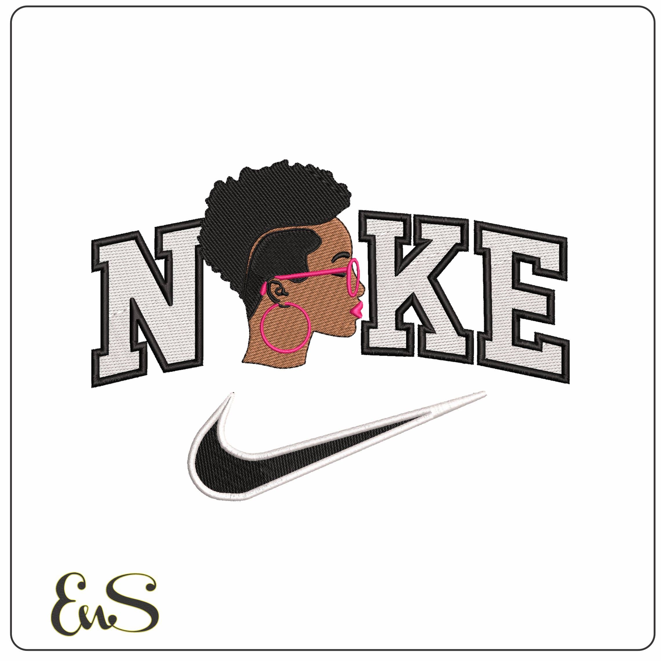 Nike Afro America Lady Face Pink Glasses  - Elegant embroidery design file - instant download