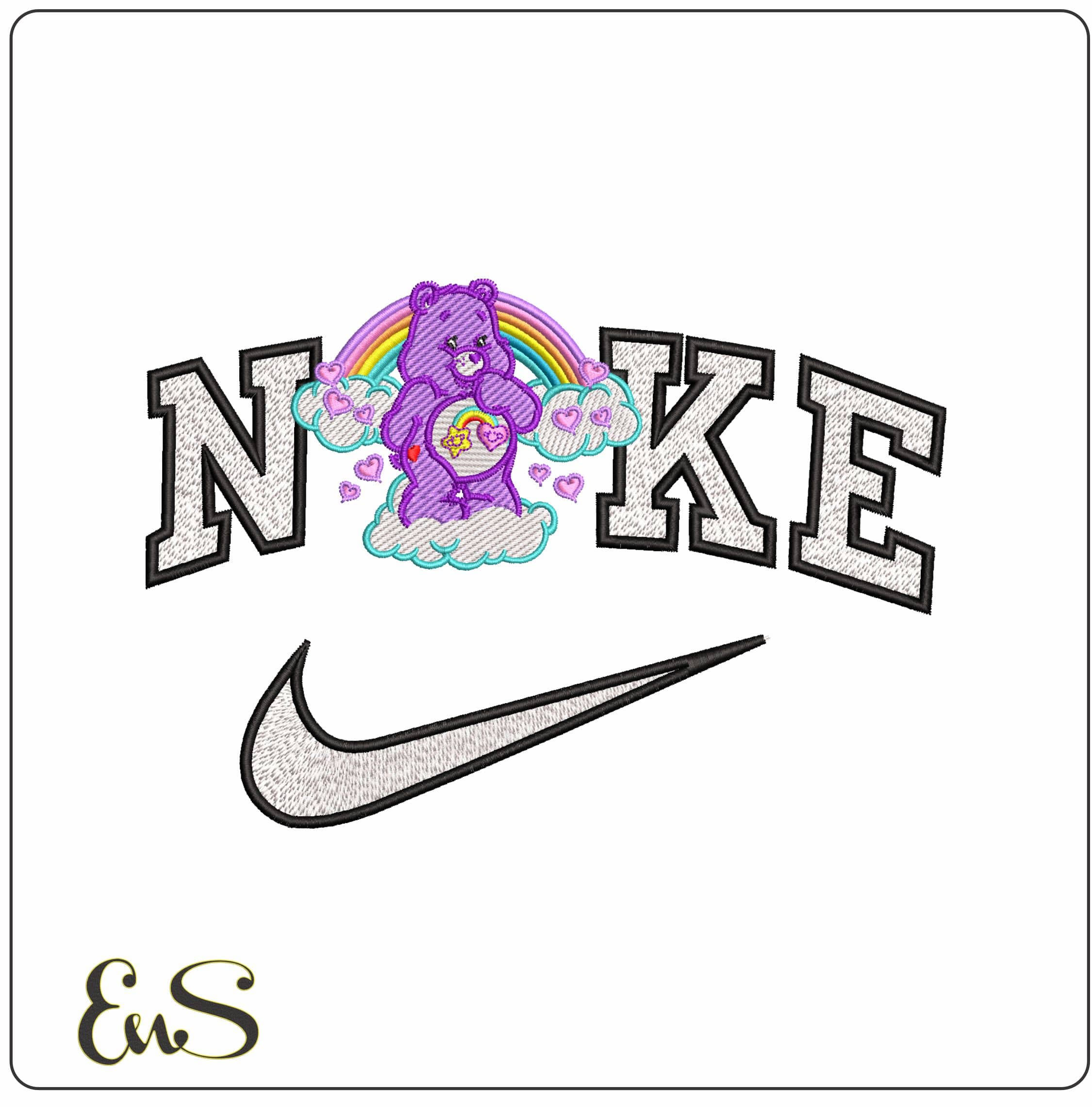Nike Care Bear in clouds and Rainbow  - Elegant embroidery design file - instant download