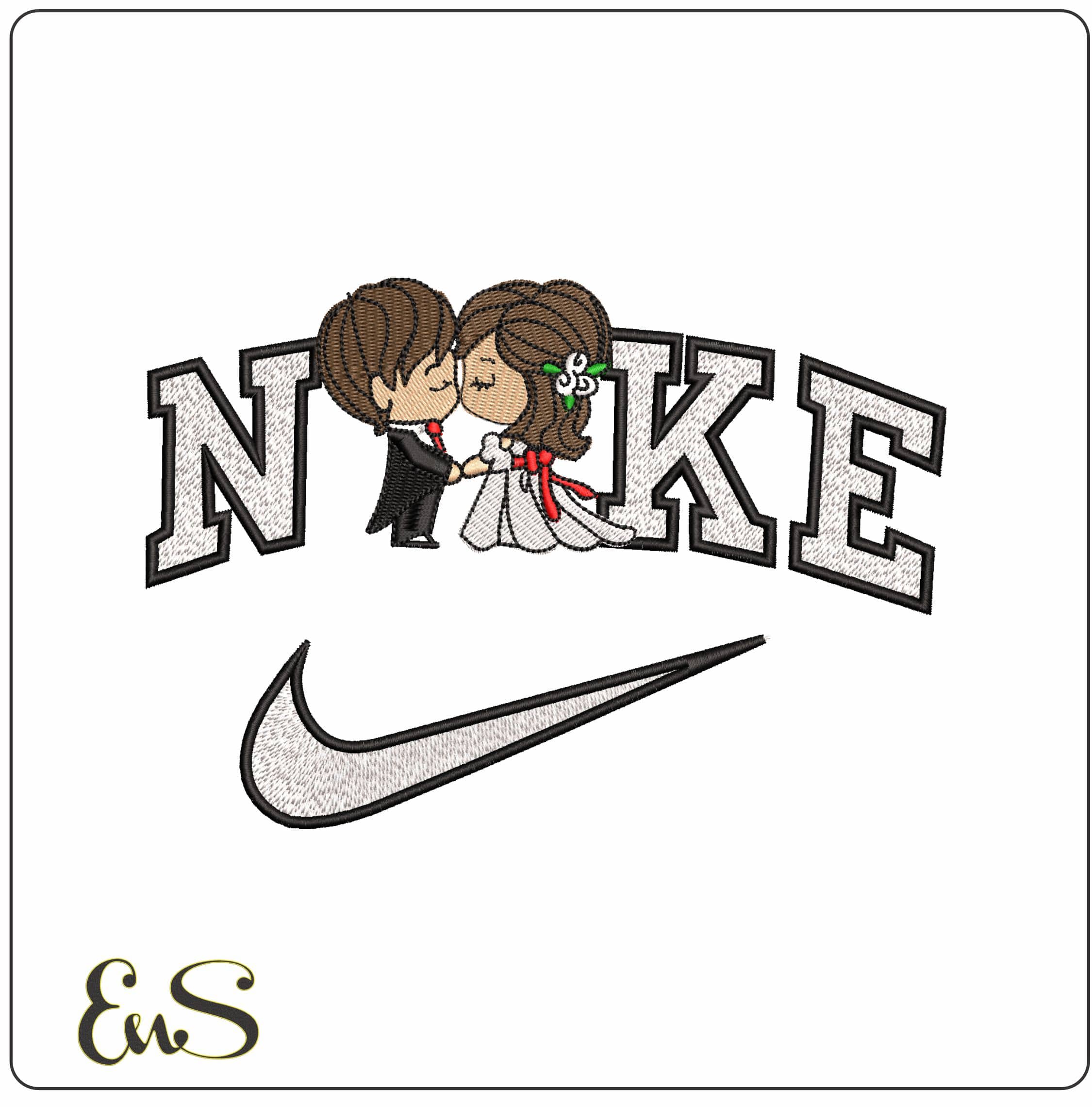 Nike Cartoon Bride and Groom  - Elegant embroidery design file - instant download