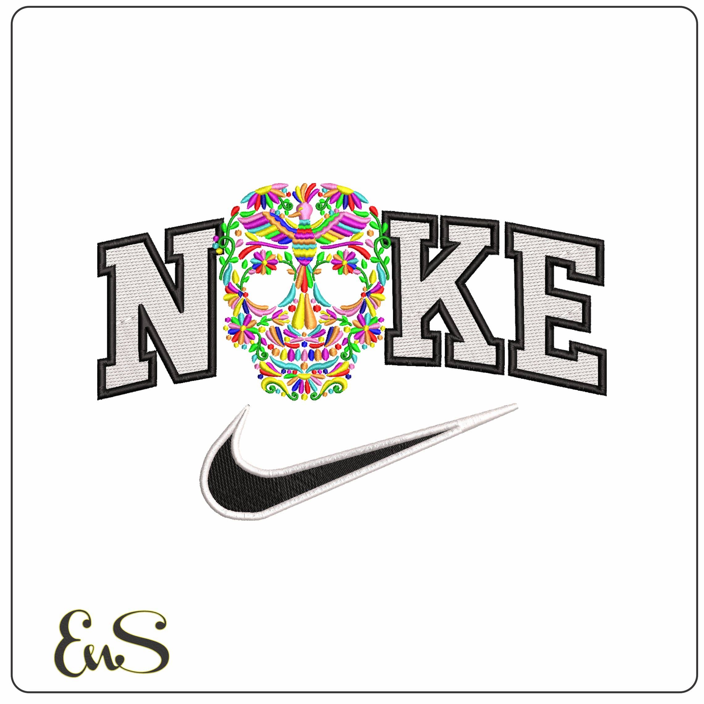 Nike Day of the Dead Sugar Skull Bird and Flowers no Background  - Elegant embroidery design file - instant download