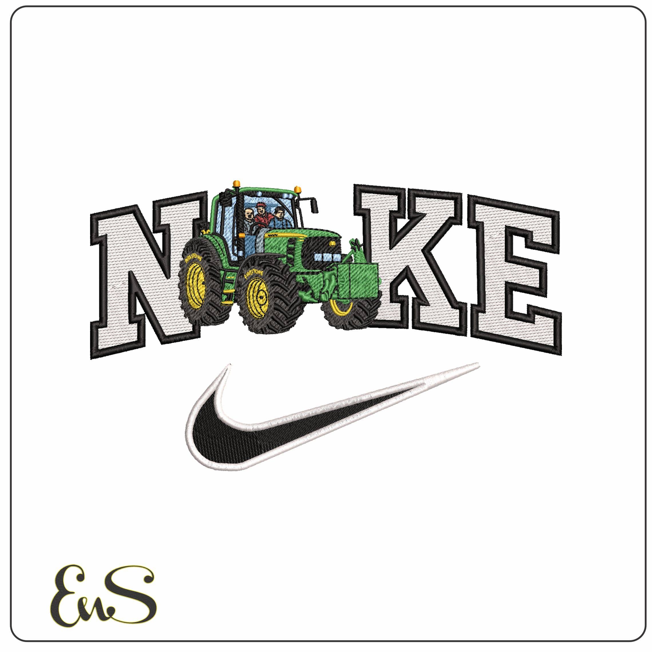 Nike John Deere Tractor and People - Elegant embroidery design file - instant download