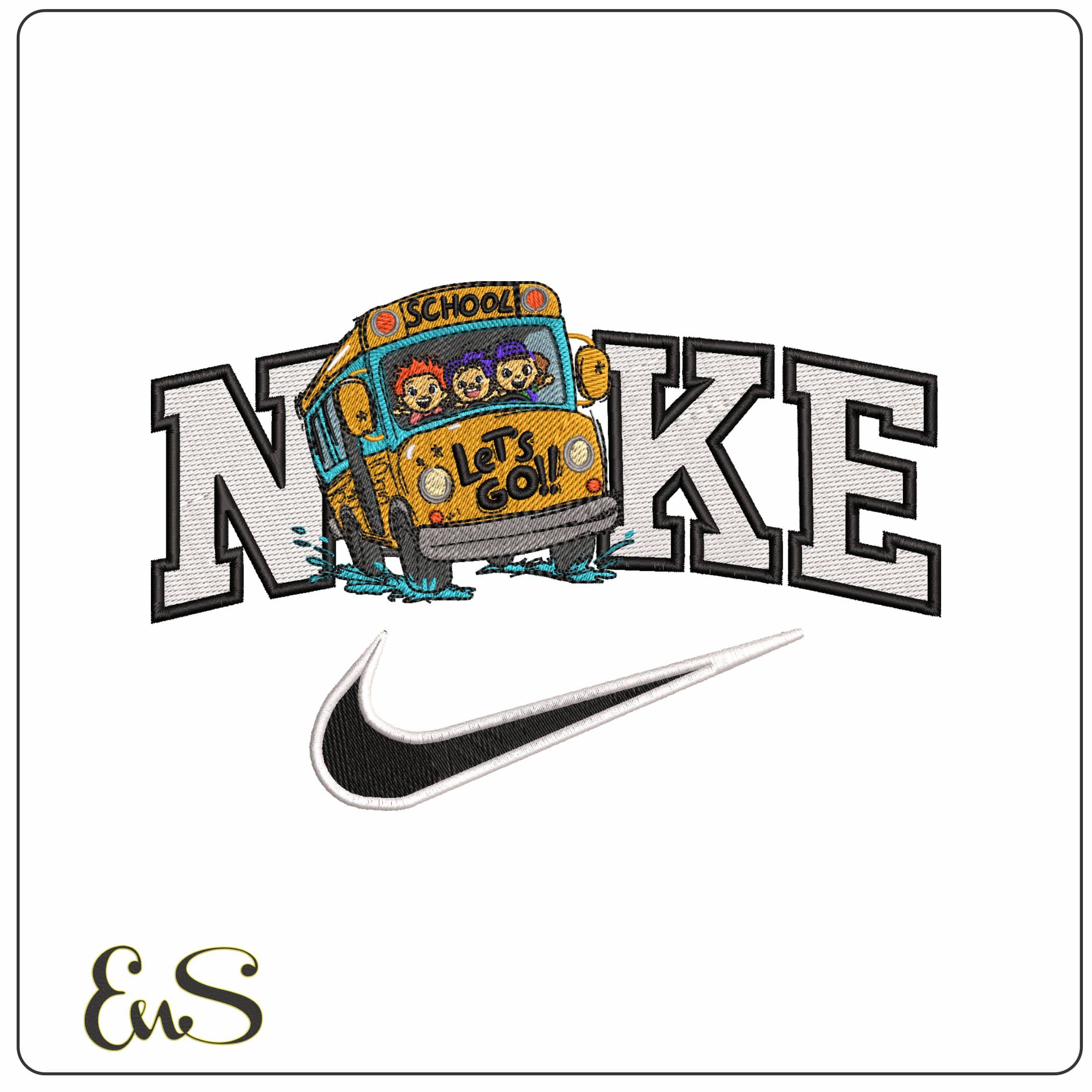 Nike Lets Go School Bus - Elegant embroidery design file - instant download