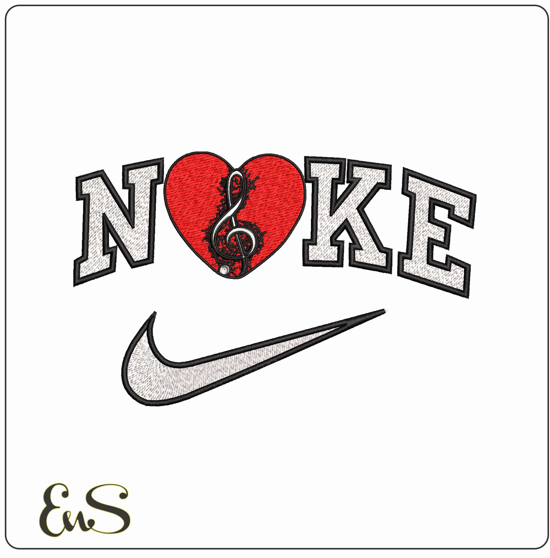 Nike Love Music Heart Clef - Elegant embroidery design file - instant download