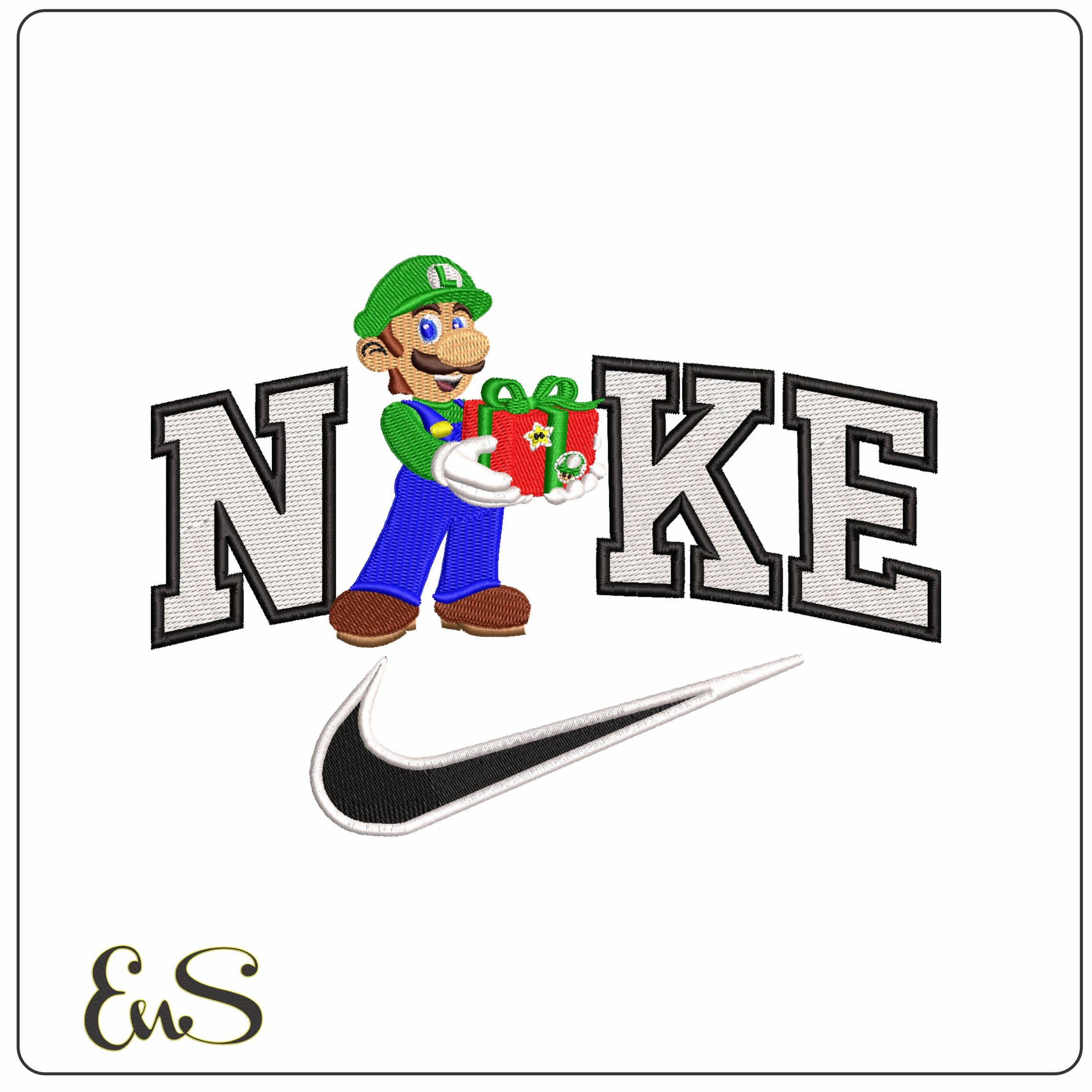 Nike Luigi Bros with Present Super Mario - Elegant embroidery design file - instant download