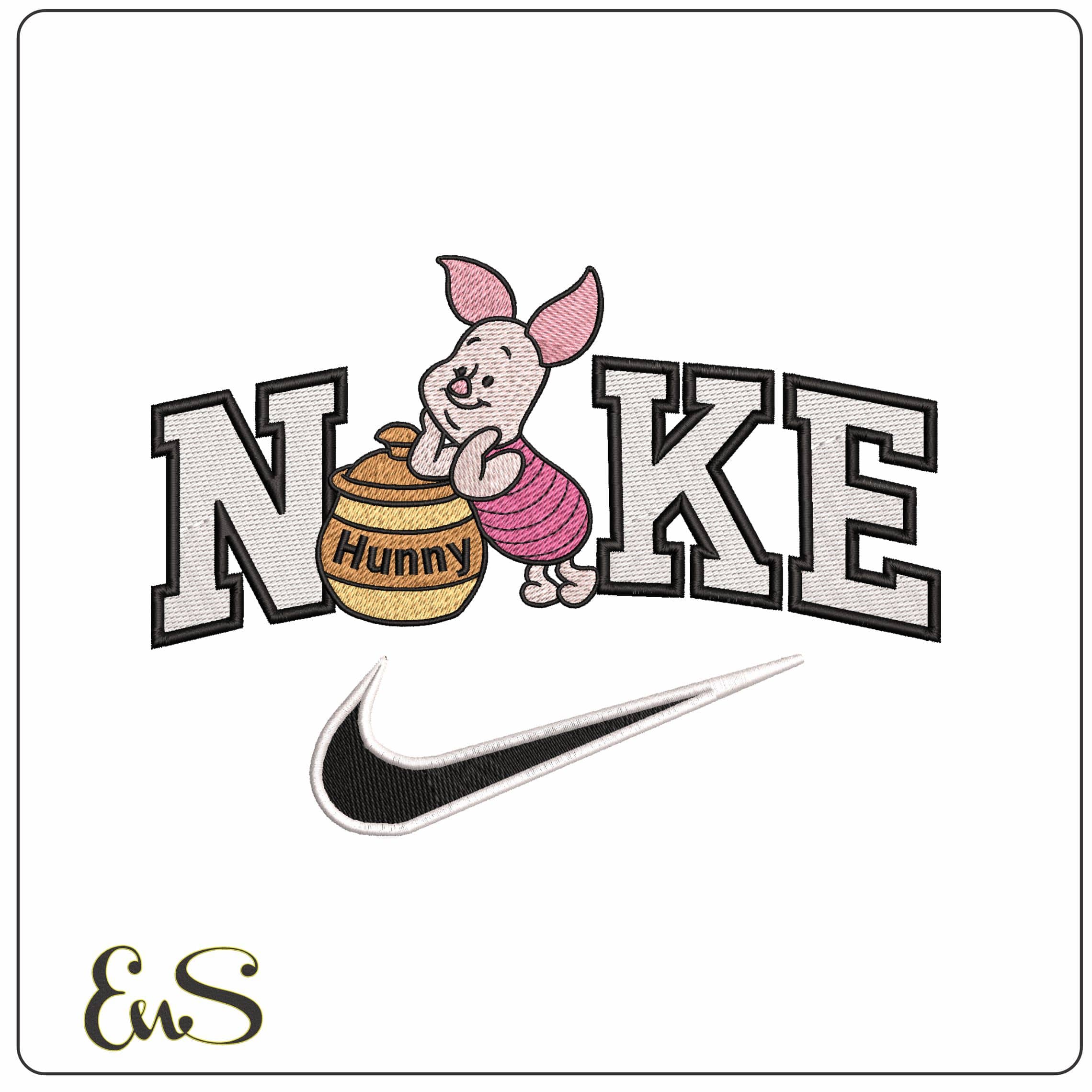 Nike Piglet leaning on Poohs Hunny - Elegant embroidery design file - instant download