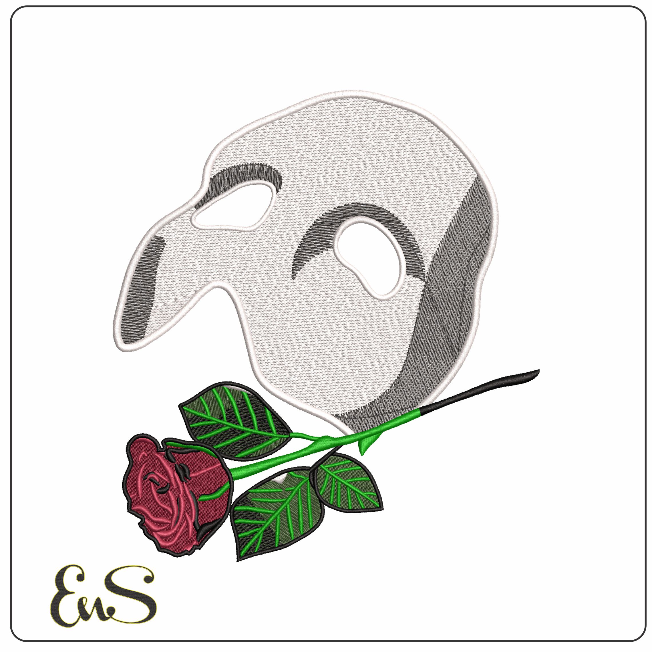 Phantom of the Opera Mask and Rose - Elegant embroidery design file - instant download
