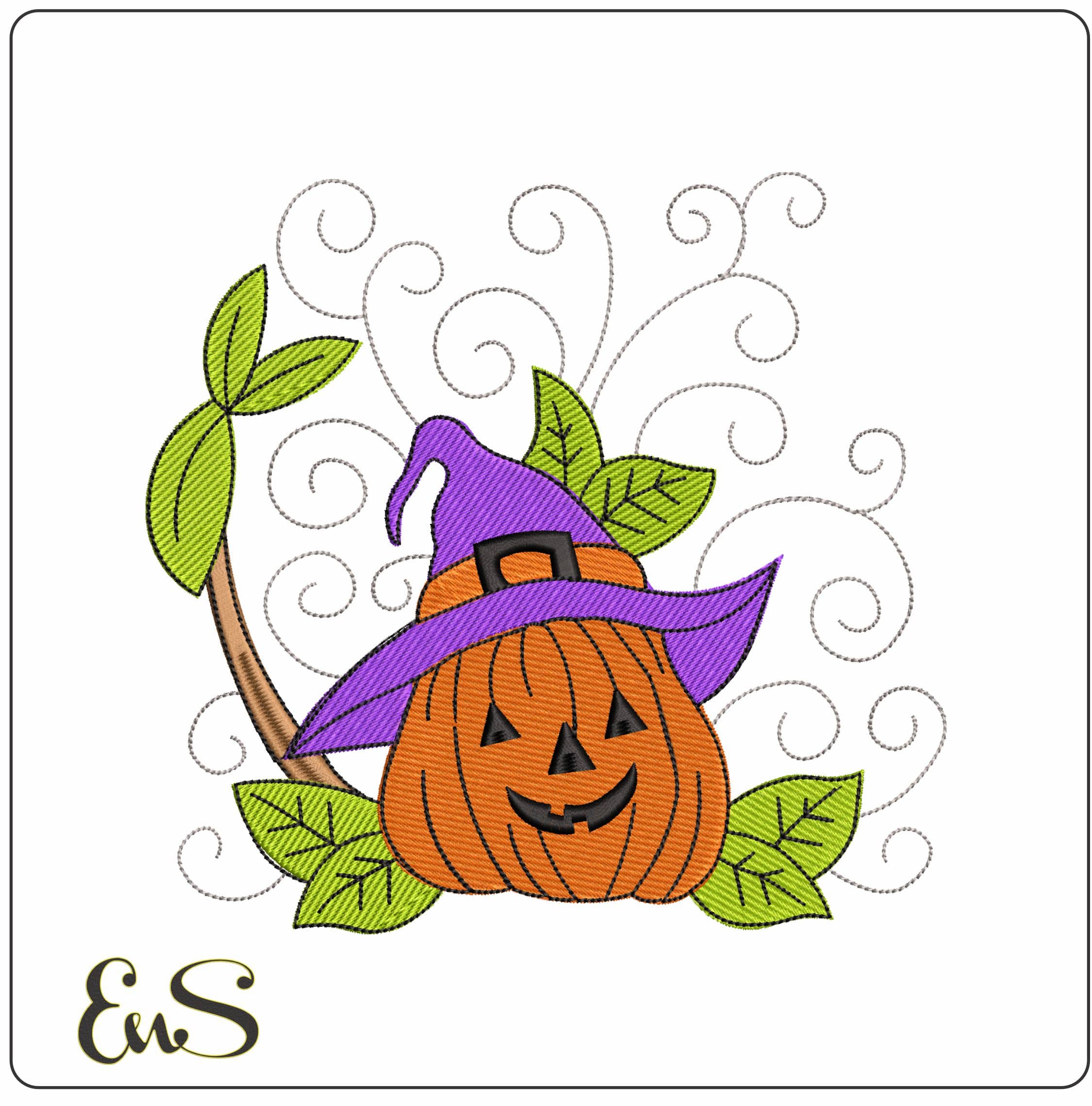 Pumpkin with witches hat - Elegant embroidery design file - instant download